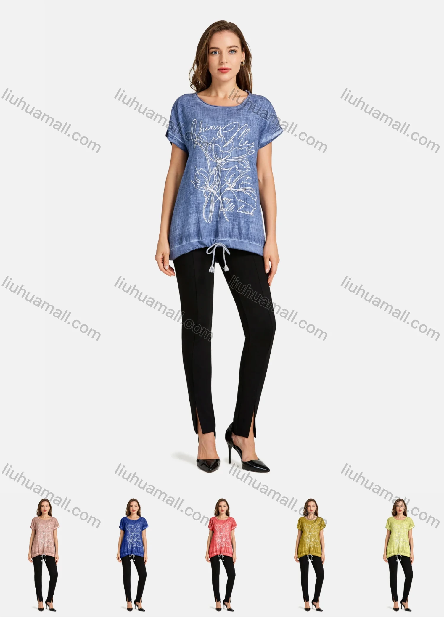 Wholesale Women's Casual Round Neck Short Sleeve Drawstring Floral Print Plain Tunic - Liuhuamall