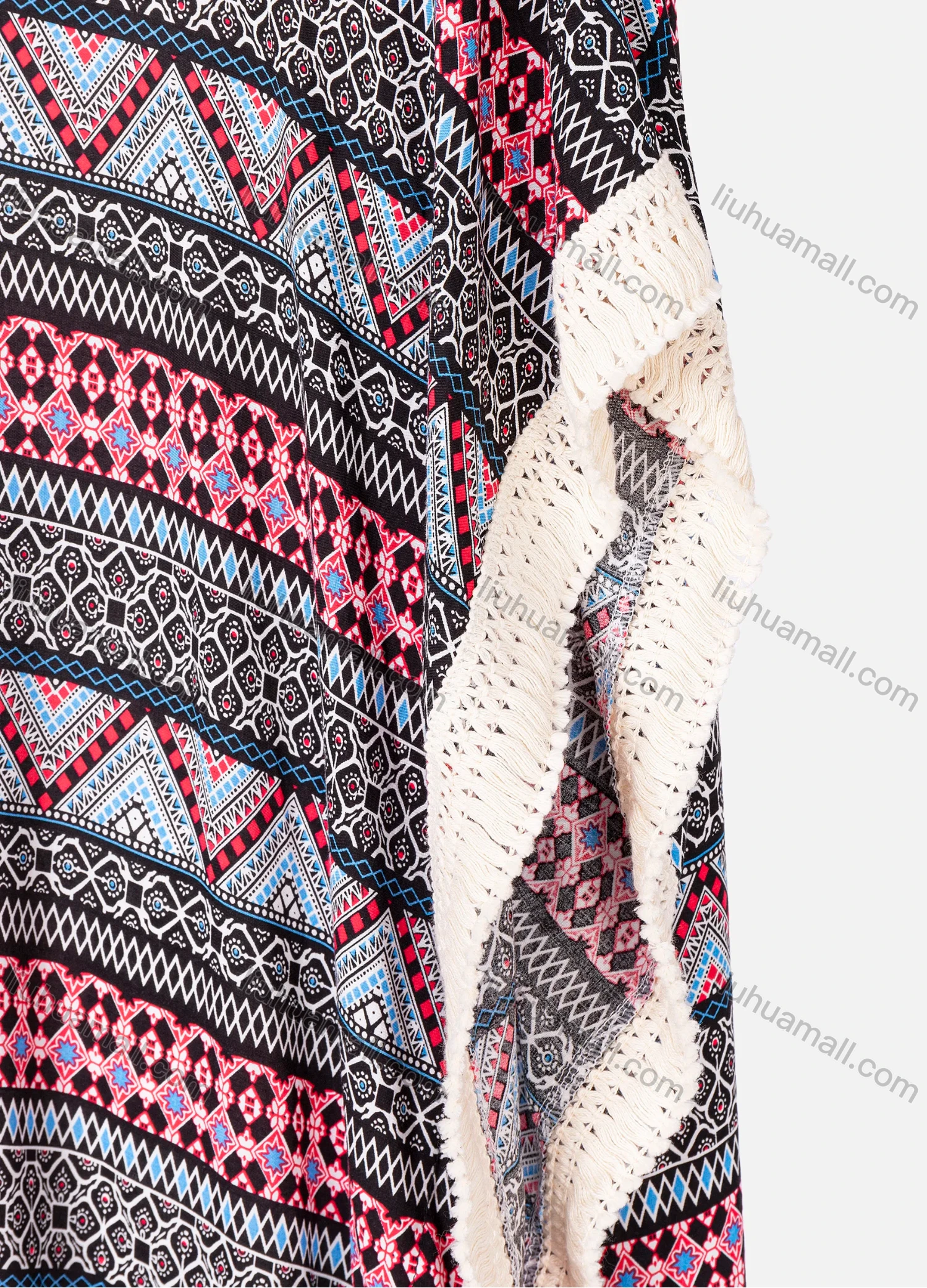 Wholesale Women's African Batwing Sleeve Vintage Tribal Folkloric Print Tassel Decor Kaftan Dress - Liuhuamall
