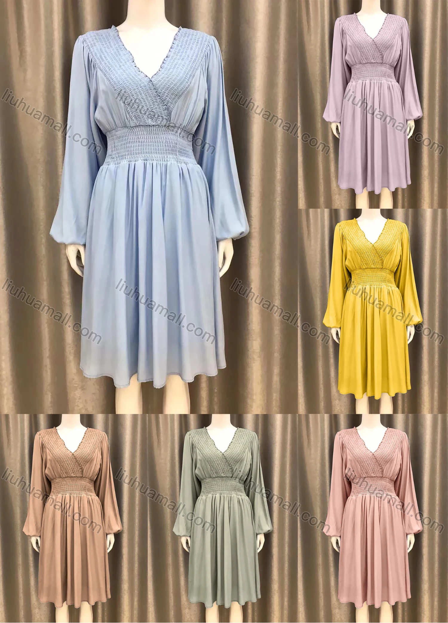 Wholesale Women's V Neck Shirred Lantern Sleeve Plain High Waist Casual Dress - Liuhuamall