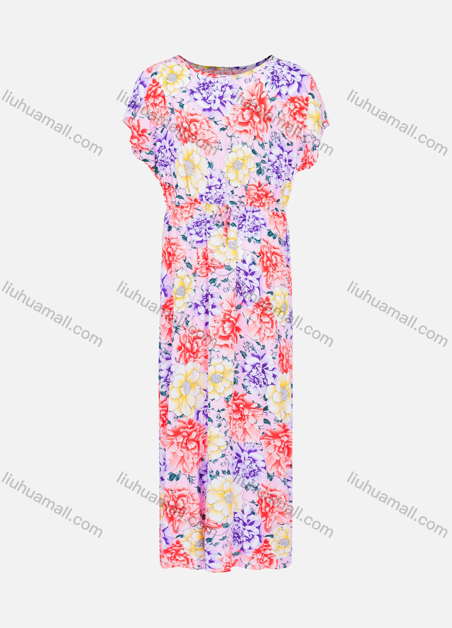 Wholesale Women's Round Neck Batwing Sleeve Floral Print Maxi Dress - Liuhuamall