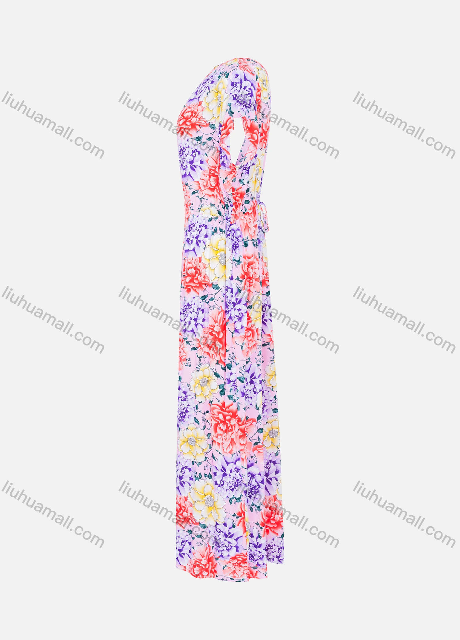 Wholesale Women's Round Neck Batwing Sleeve Floral Print Maxi Dress - Liuhuamall