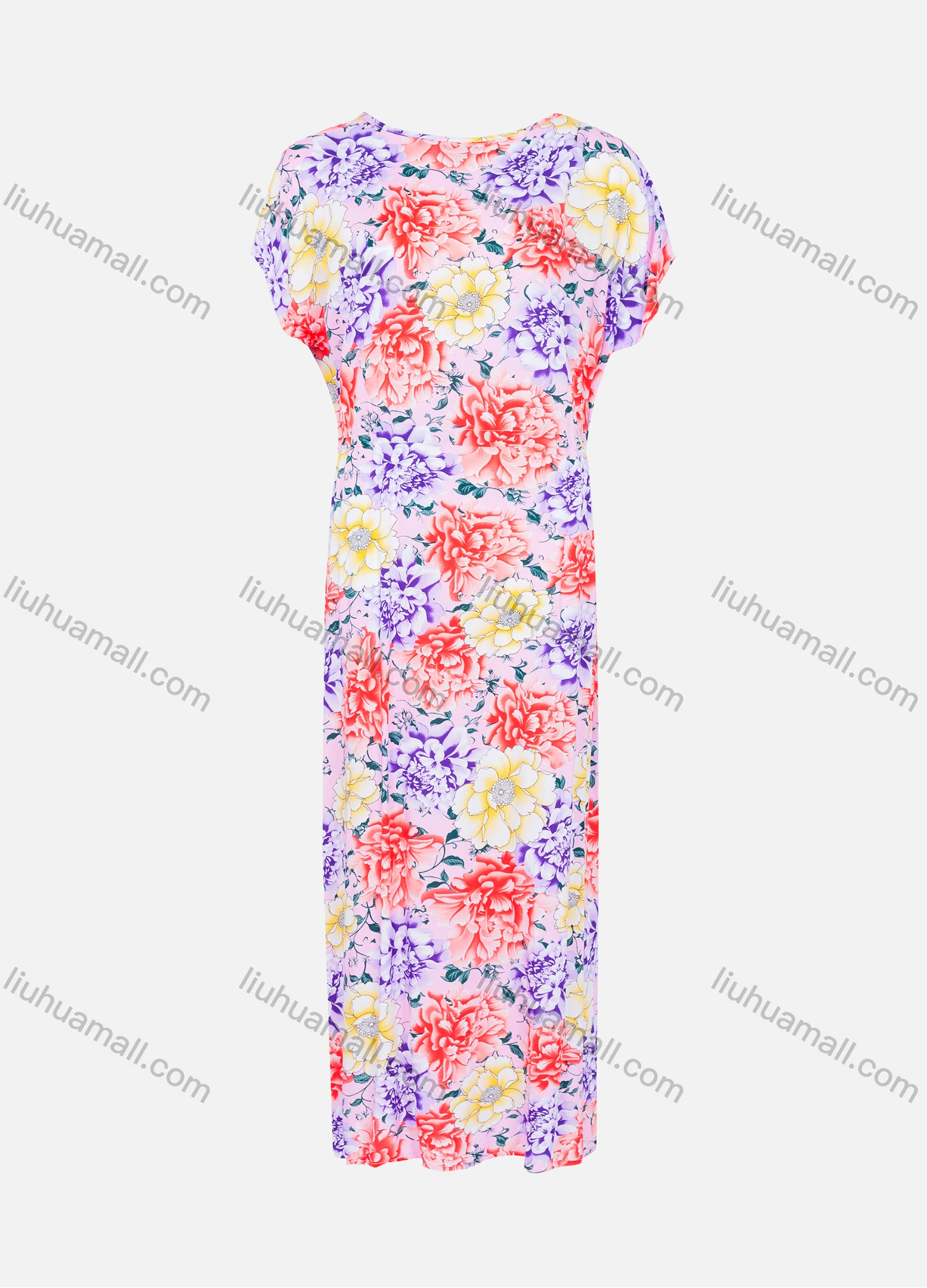 Wholesale Women's Round Neck Batwing Sleeve Floral Print Maxi Dress - Liuhuamall