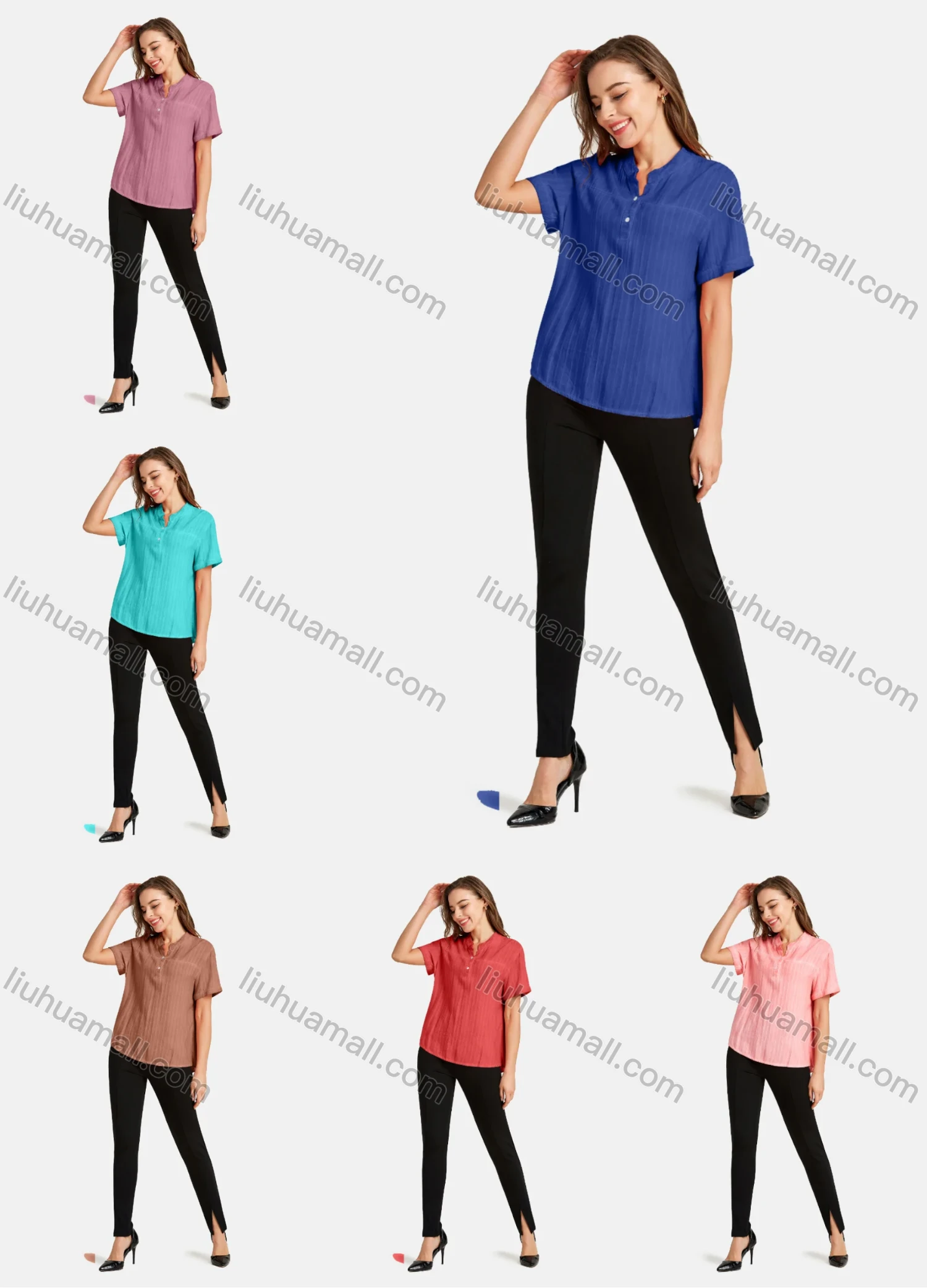 Wholesale Women's Casual Notched Shirt Neck Short Sleeve Button Front Plain Top - Liuhuamall