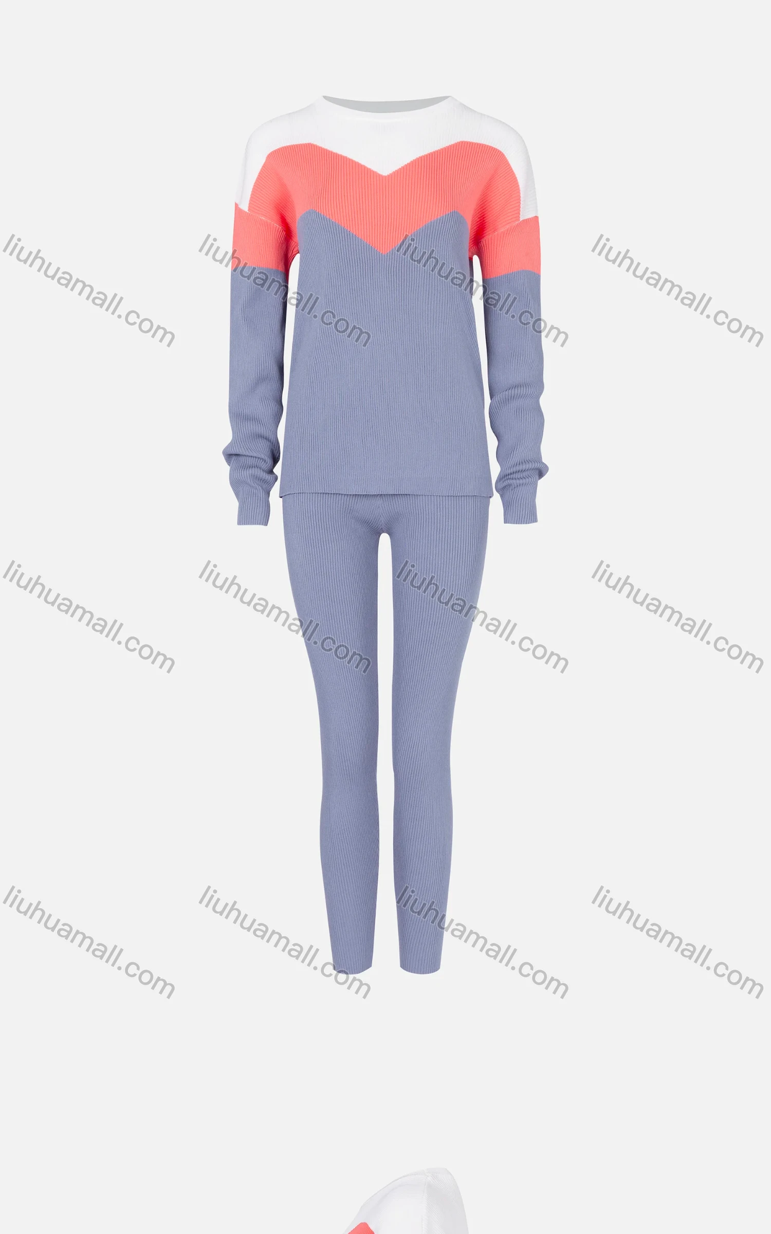 Wholesale Women's Long Sleeve Rib-knit Colorblock Sweater&Slim Plain Pant 2 Pieces Set 2289C-2867# - Liuhuamall