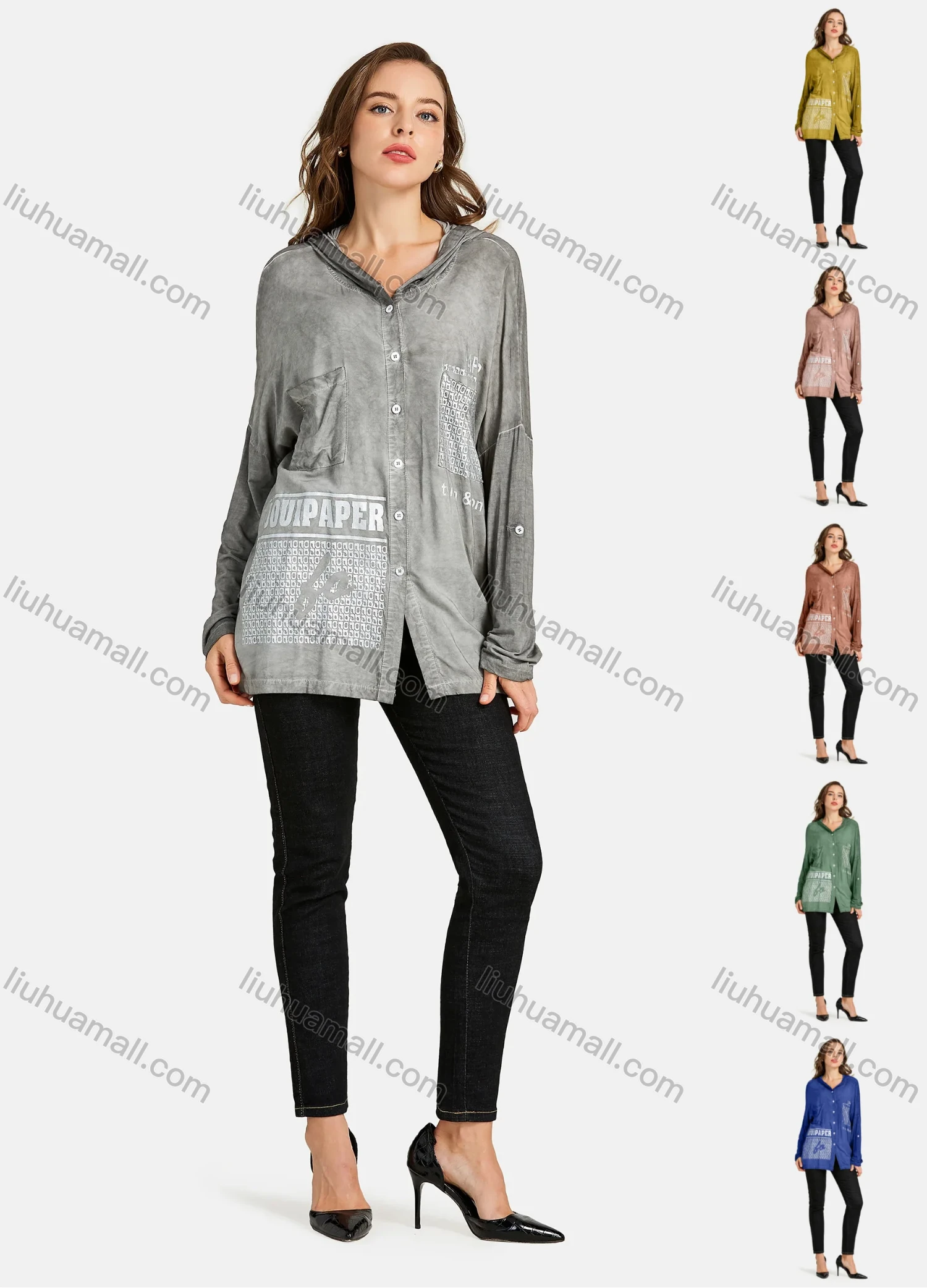 Wholesale Women's Casual Hooded Button Front Long Sleeve Pocket Letter&Abstract Print Plain Tunic - Liuhuamall