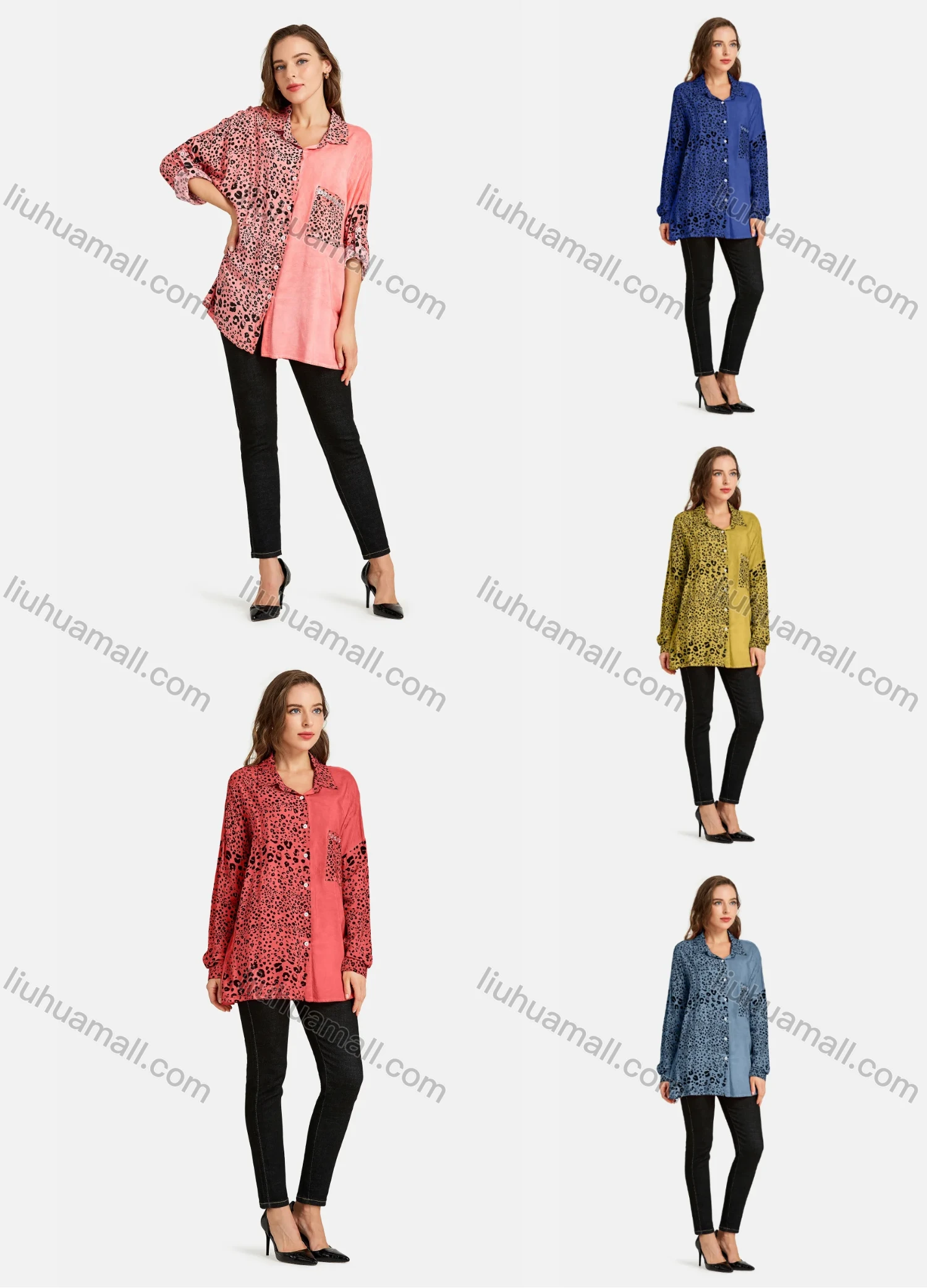 Wholesale Women's Casual Shirt Collar Long Sleeve Fake Pocket Button Front Leopard Print Tunic - Liuhuamall