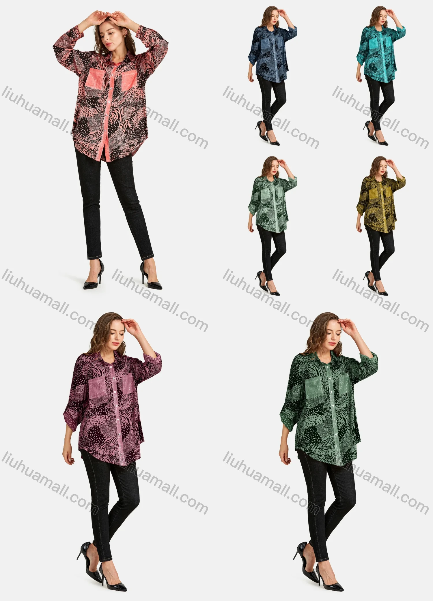 Wholesale Women's Casual Shirt Collar Long Sleeve 2 Fake Pockets Button Front Abstract Print Sequin Tunic - Liuhuamall