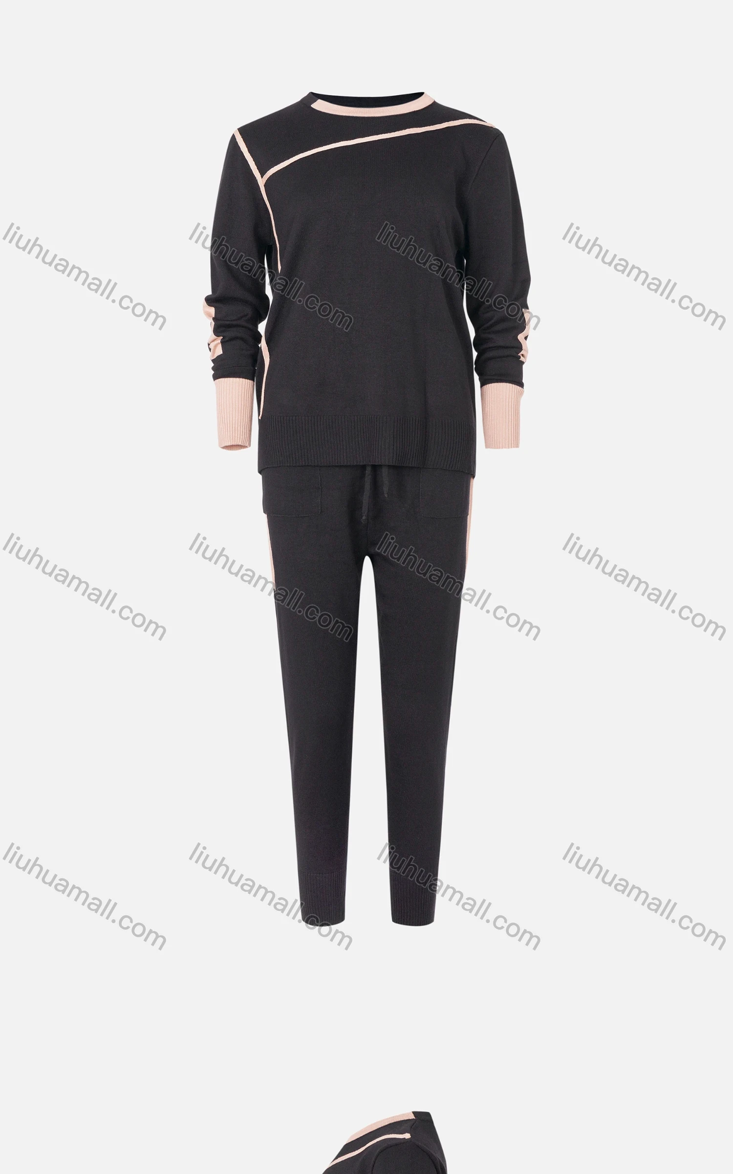 Wholesale Women's Round Neck Sweater&Drawstring Dual Pockets Pant 2 Pieces Set 2289C-9642# - Liuhuamall