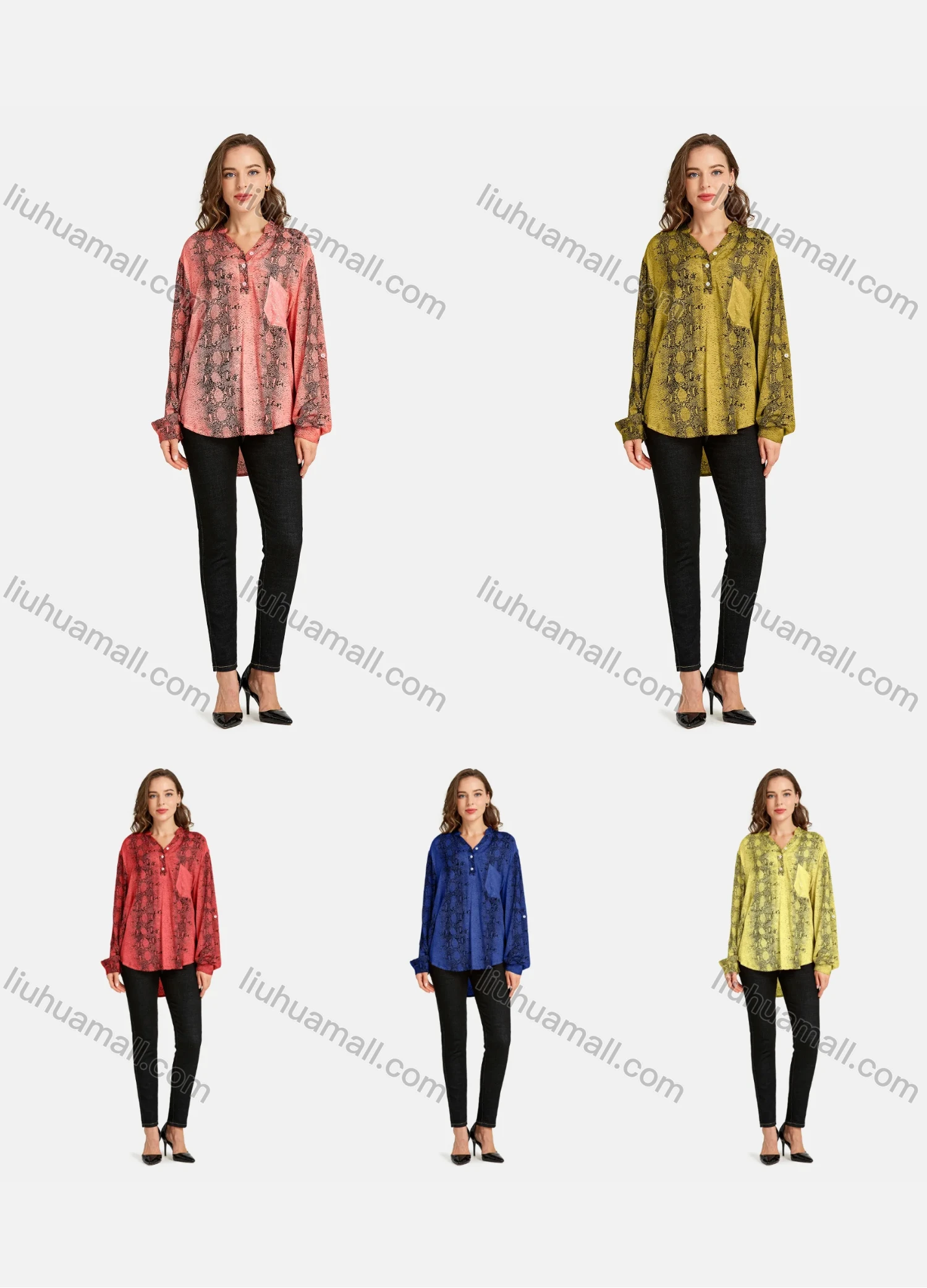 Wholesale Women's Casual Shirt Collar Long Sleeve Fake Pocket Button Front Snakeskin Print Sequin Tunic - Liuhuamall
