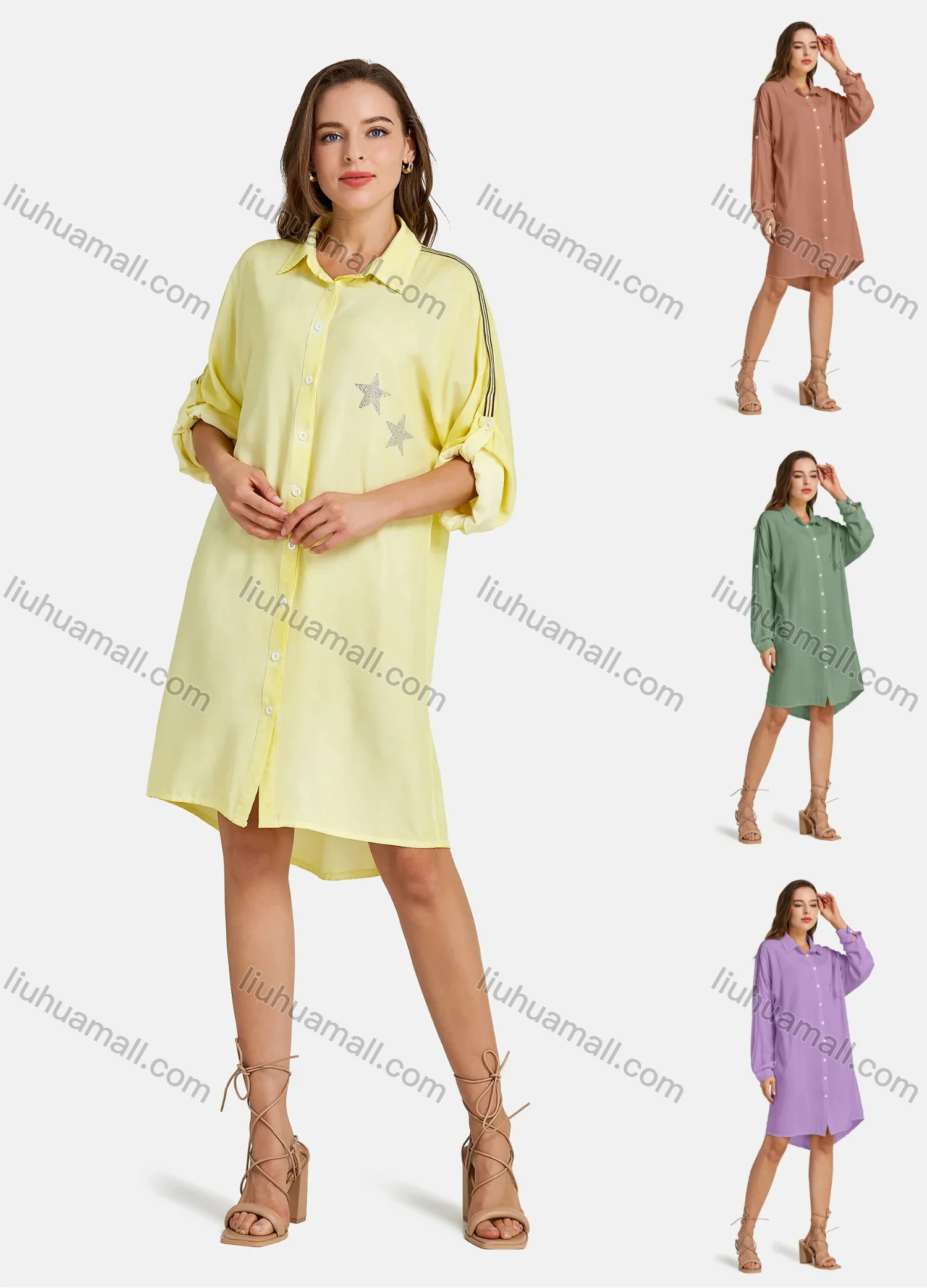 Wholesale Women's Casual Drop Shoulder Shirt Collar Button Front Long Sleeve Star Rhinestone Plain Tunic - Liuhuamall