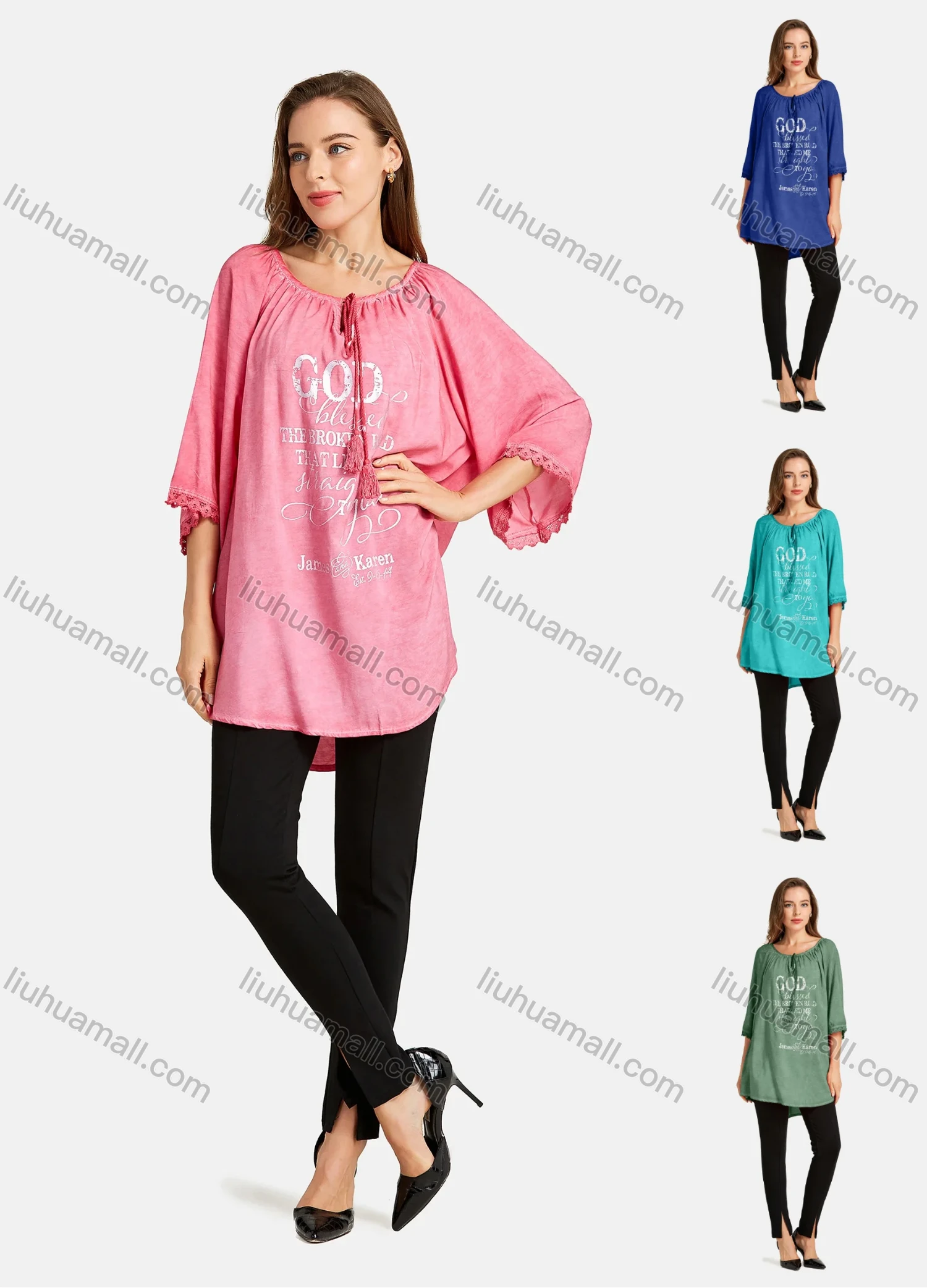 Wholesale Women's Casual Tie Front Round Neck Hollow Out Bell Sleeve Letter Print Plain Tunic - Liuhuamall