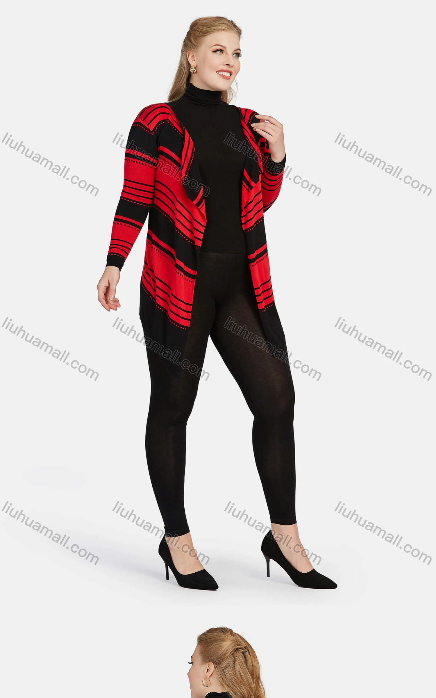 Wholesale Women's Long Sleeve Striped Print Knit Oversized Cardigan - Liuhuamall