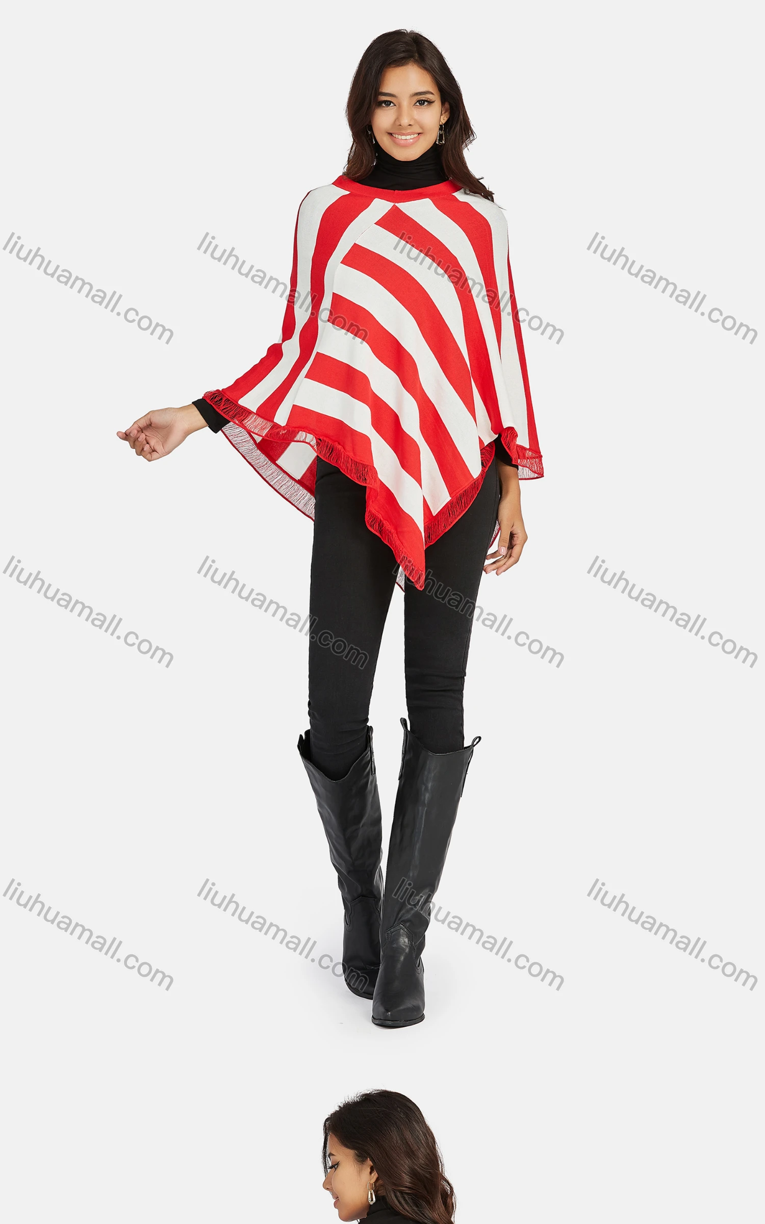 Wholesale Women's Casual Loose Fit Round Neck Striped Print Knit Poncho - Liuhuamall