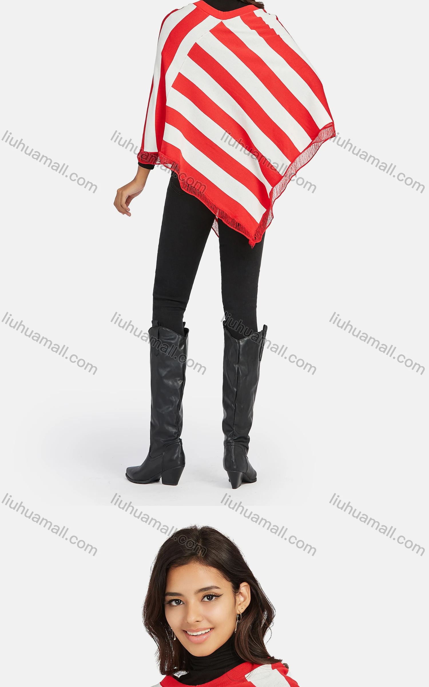 Wholesale Women's Casual Loose Fit Round Neck Striped Print Knit Poncho - Liuhuamall