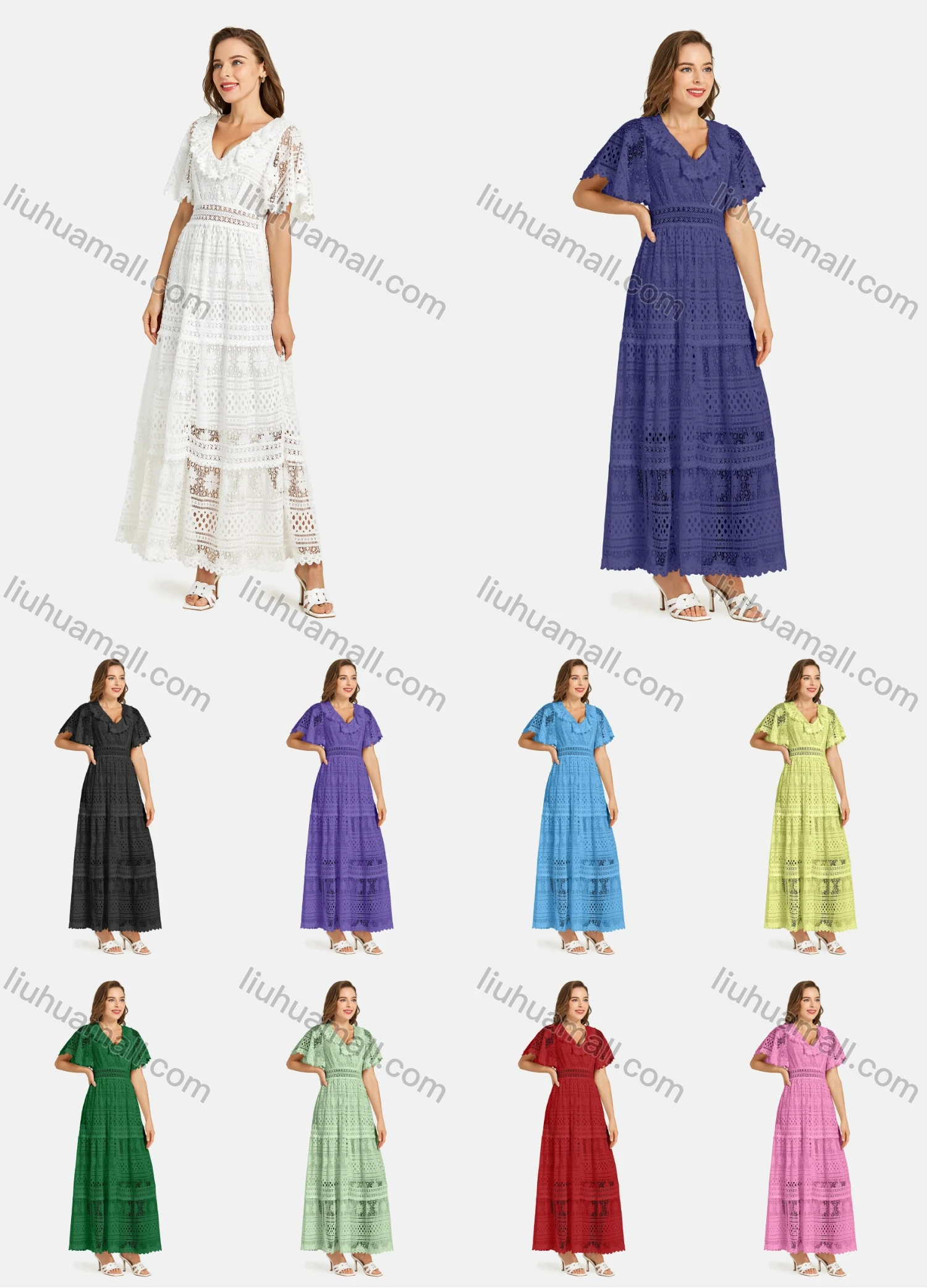 Wholesale Women's Casual Deep V Neck Circular Cap Sleeve Floral Guipure Lace Hollow Out Plain Maxi Dress - Liuhuamall