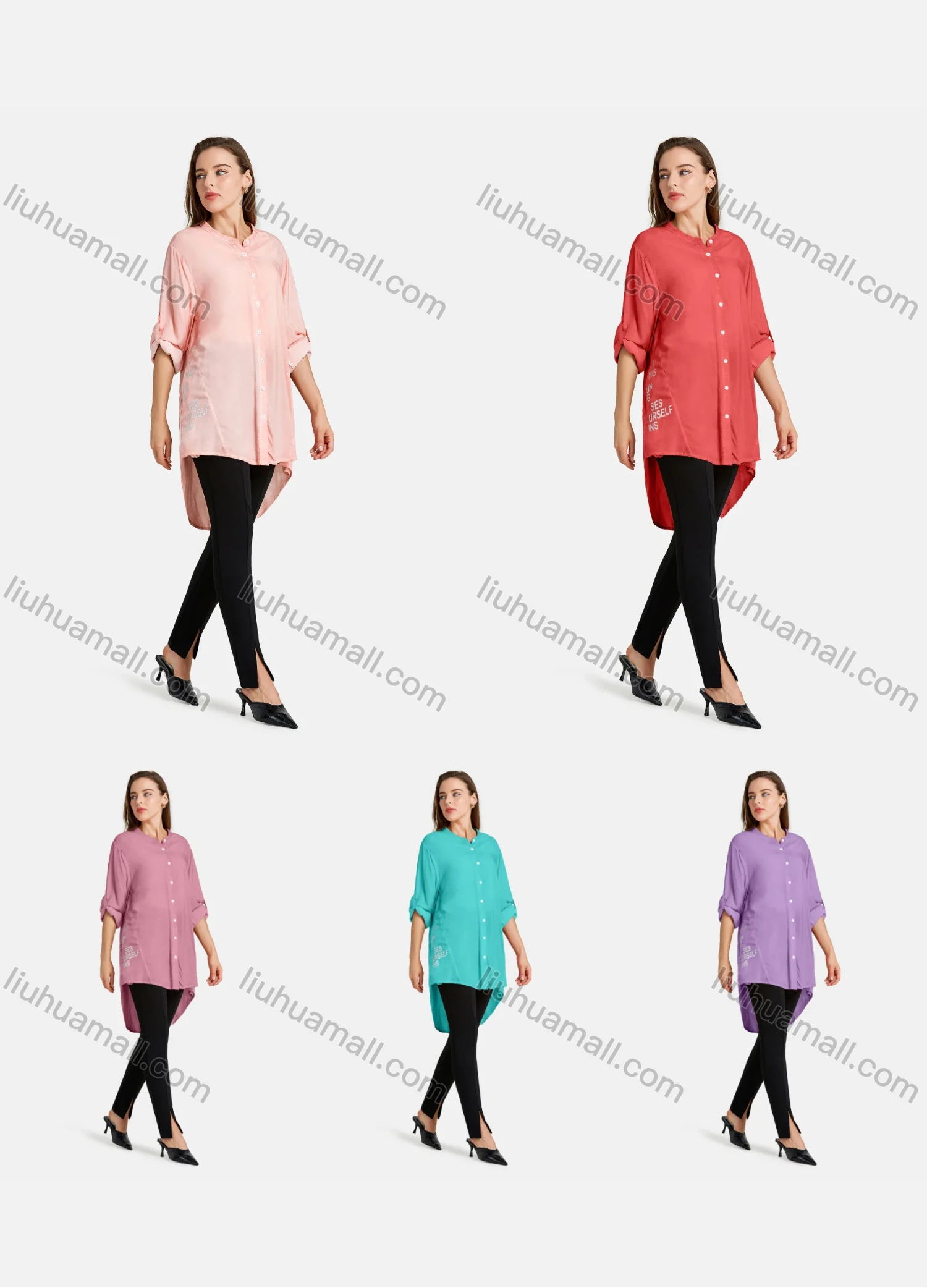 Wholesale Women's Casual Button Front Stand Collar Long Sleeve Bronzed Print Plain Tunic - Liuhuamall