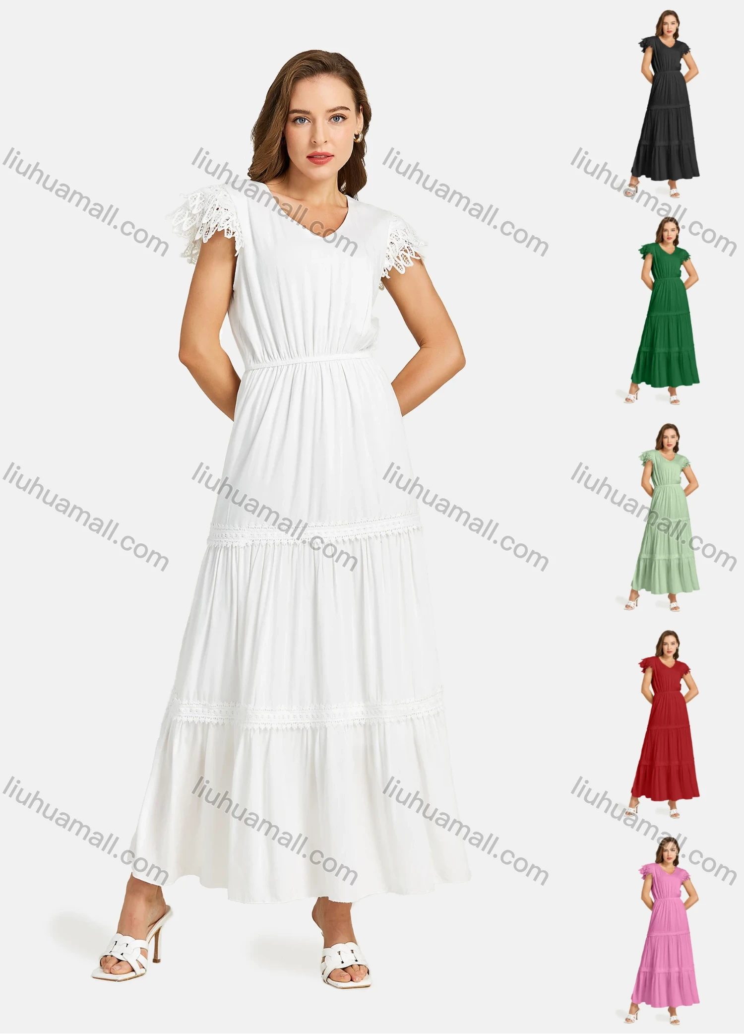 Wholesale Women's Casual V Neck Layered Petal Sleeve Hollow Out Tiered Plain Maxi Dress - Liuhuamall