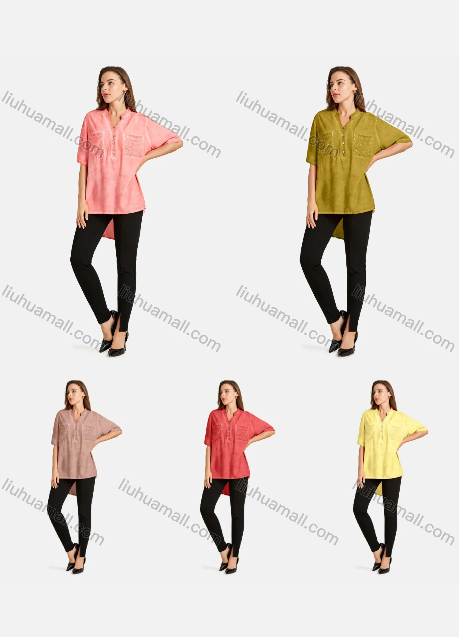 Wholesale Women's Casual V Stand Neck Short Sleeve Button Front dual Pockets Sequin Plain Top - Liuhuamall