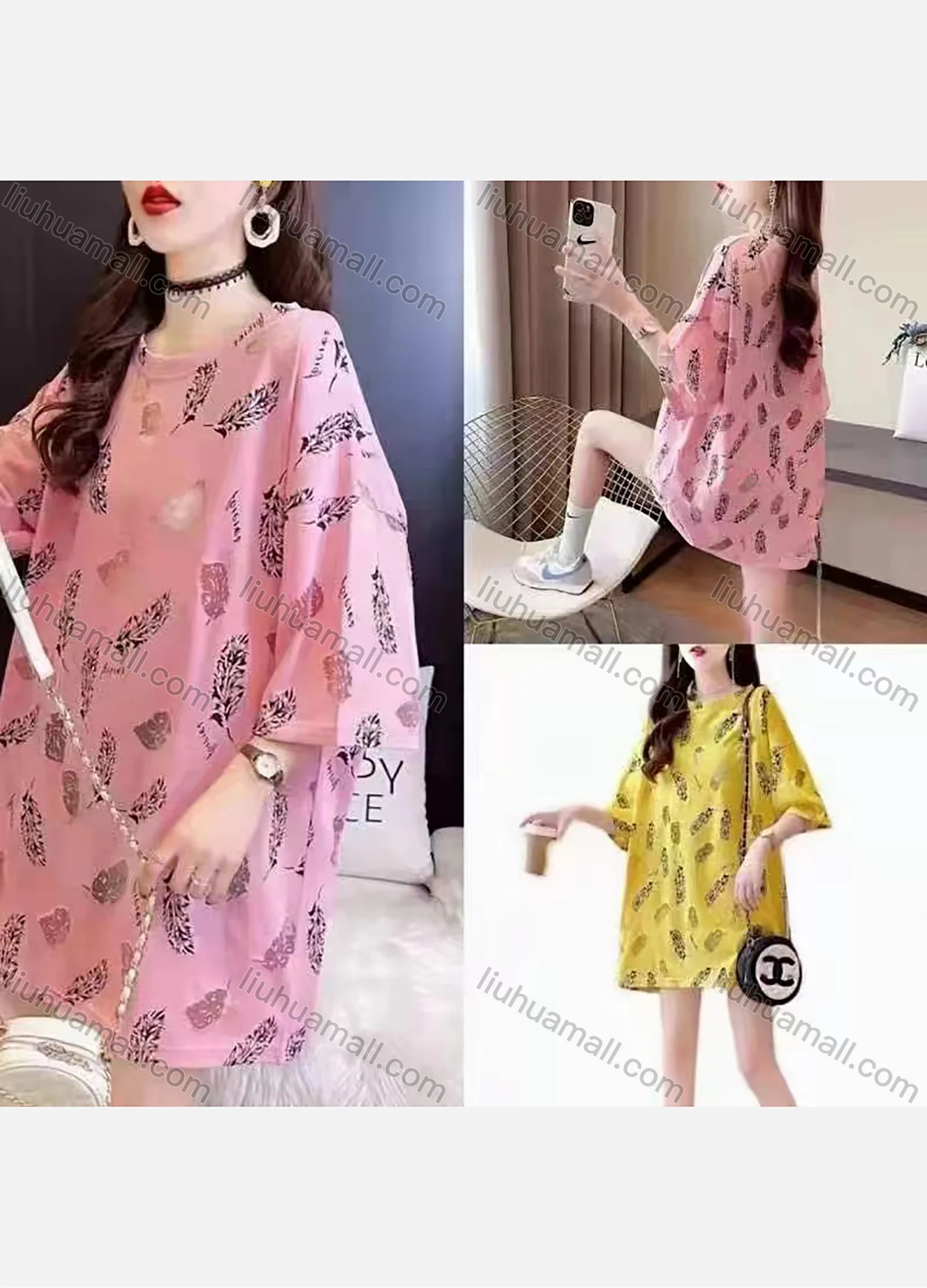 Wholesale Women's Casual Oversized Round Neck Allover Print Drop Shoulder T-shirt 101-2# - Liuhuamall