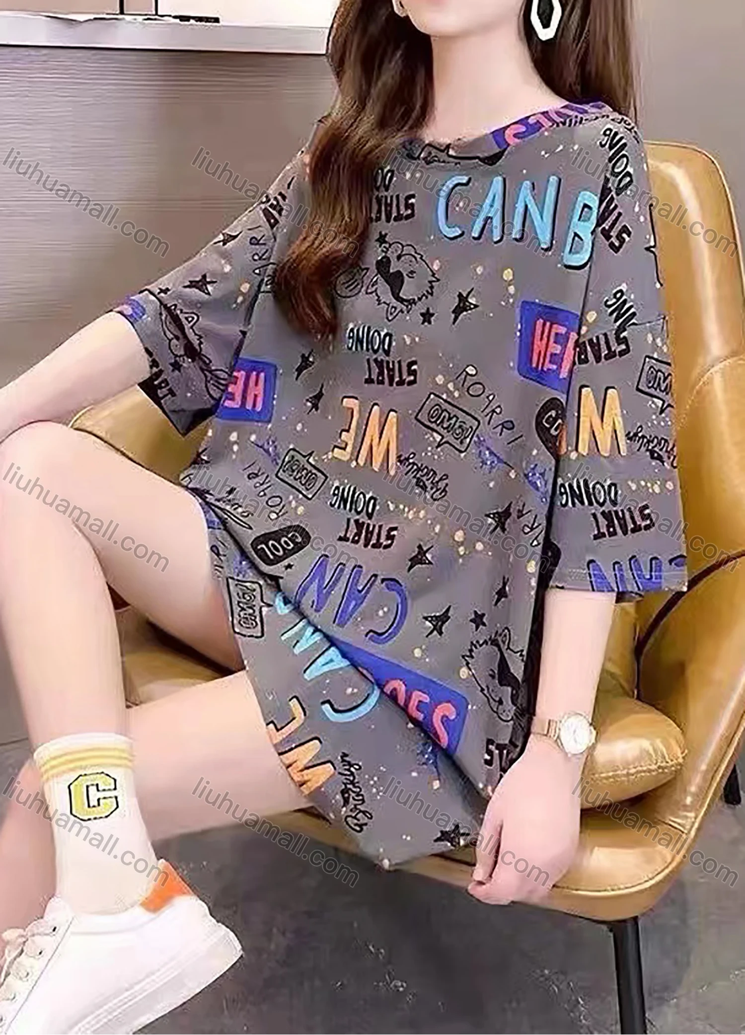 Wholesale Women's Casual Oversized Round Neck Allover Print Drop Shoulder T-shirt 101-2# - Liuhuamall