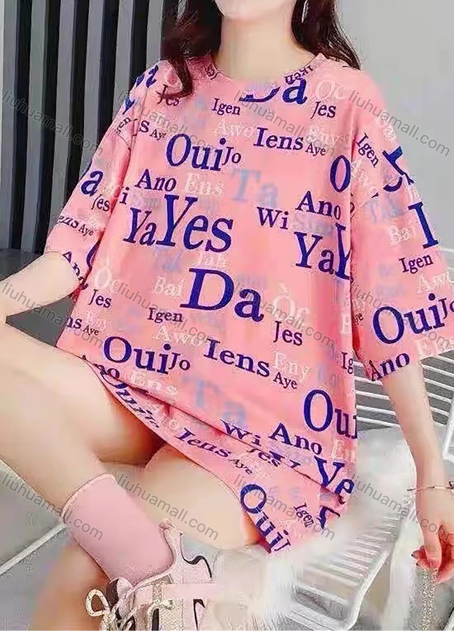 Wholesale Women's Casual Oversized Round Neck Allover Print Drop Shoulder T-shirt 101-2# - Liuhuamall