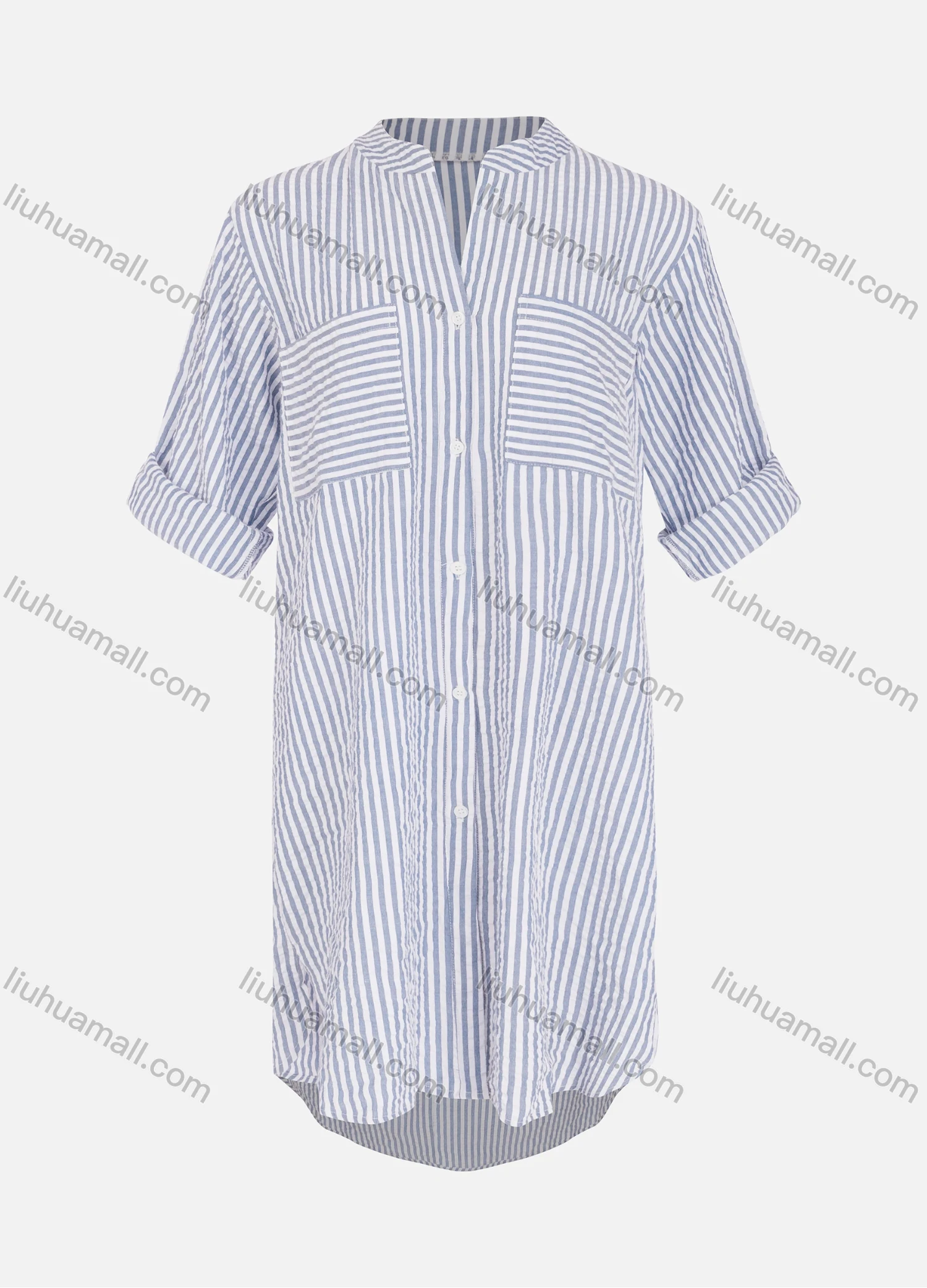 Wholesale Women's Casual Notched Neck Rolled Sleeve Button Down Striped Shirt Dress - Liuhuamall
