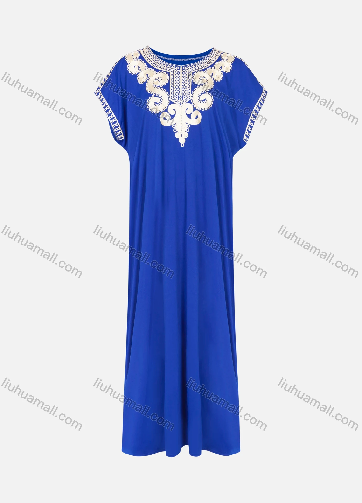 Wholesale Women's African Round Neck Short Sleeve Floral Embroidery Pullover Kaftan Dress - Liuhuamall