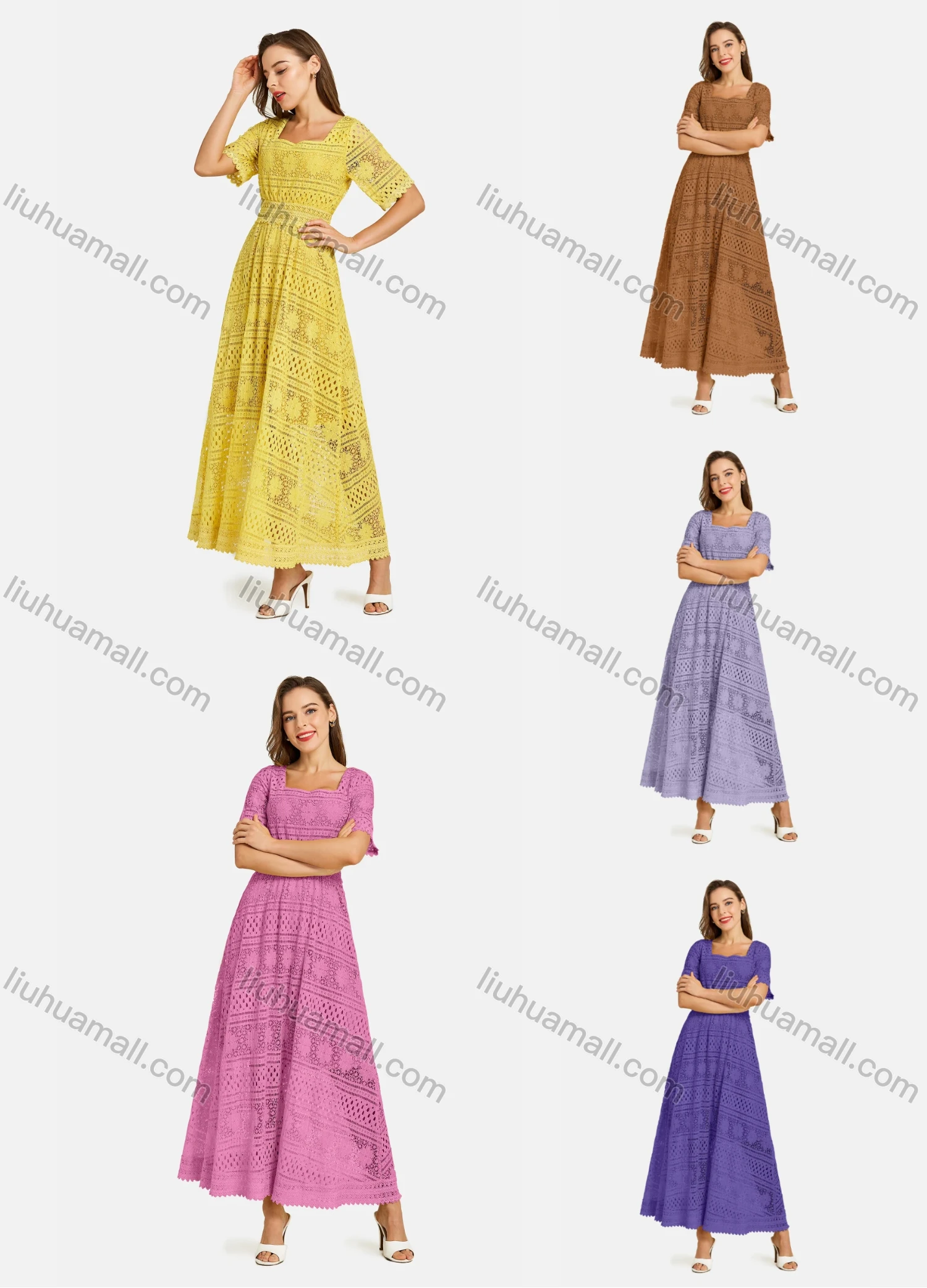 Wholesale Woman's Casual Square Neck Short Sleeve Floral Cut Out Guipure Lace Plain Maxi Dress - Liuhuamall