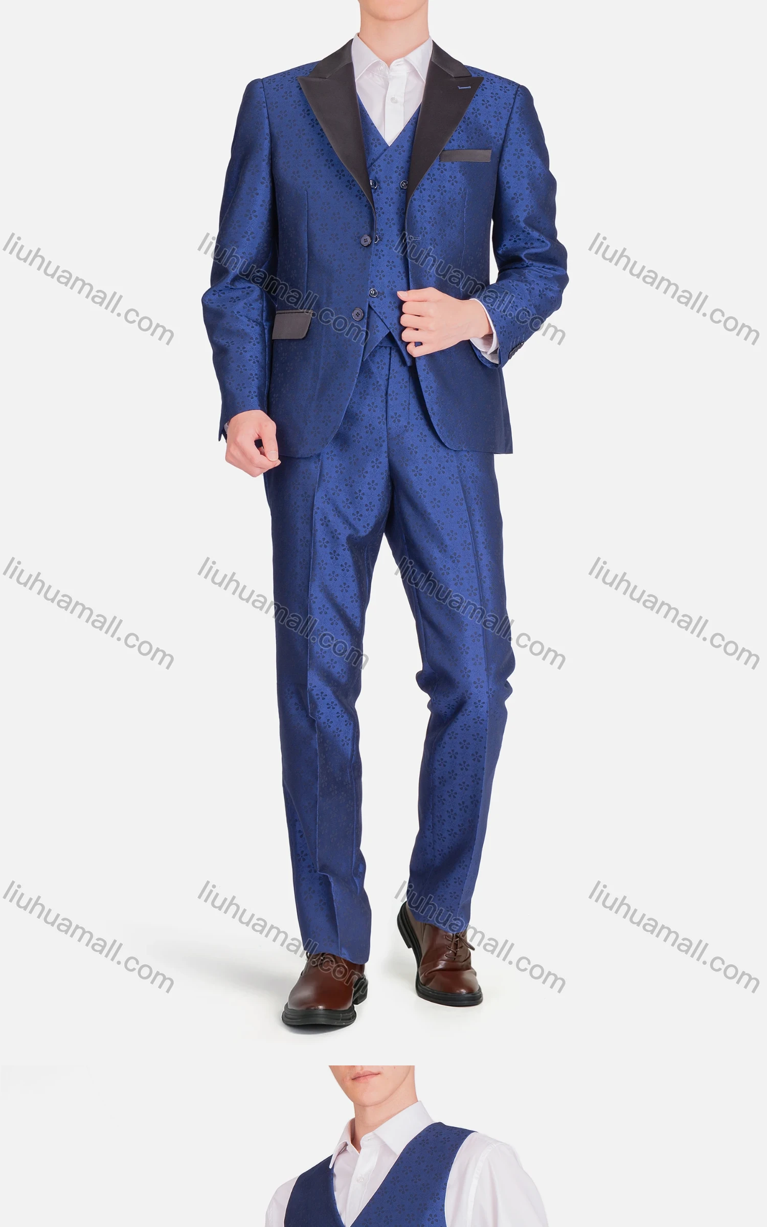 Wholesale Men's Business Single Breasted Floral Print Lapel Contrast Party Blazer & Vest & Pants 3 Piece Sets - Liuhuamall