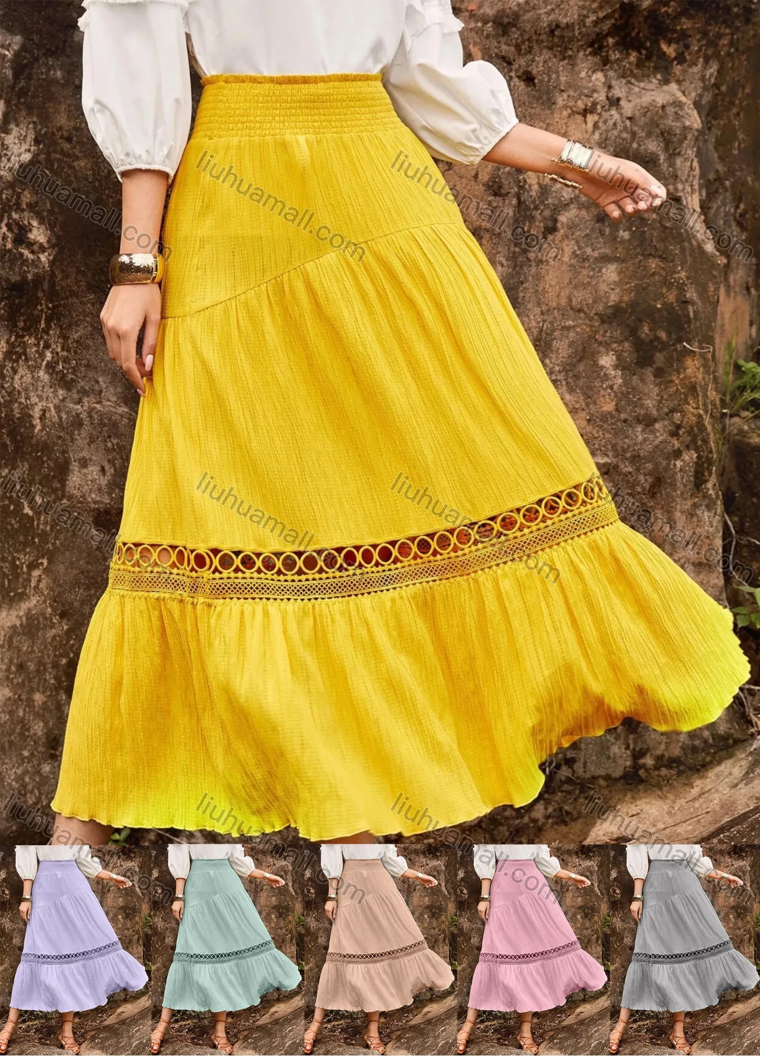 Wholesale Women's Casual Shired Hollow Out Ruffle Hem Plain Midi Skirts - Liuhuamall