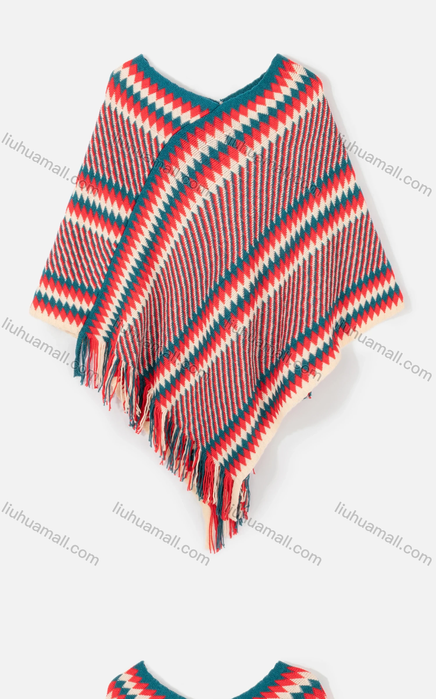 Wholesale Women's Vintage Argyle & Striped Print Tassel Trim Knit Cape - Liuhuamall
