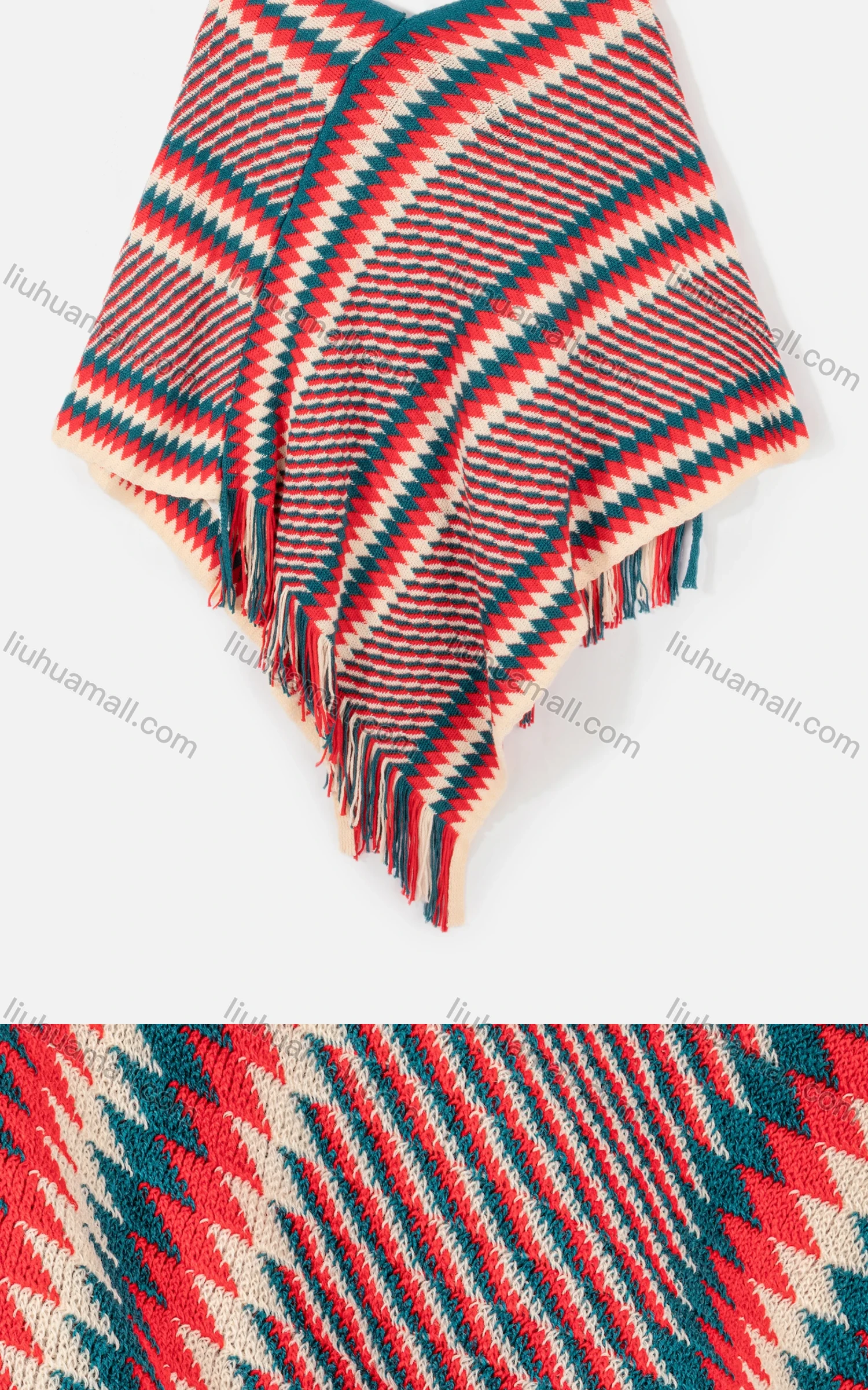 Wholesale Women's Vintage Argyle & Striped Print Tassel Trim Knit Cape - Liuhuamall