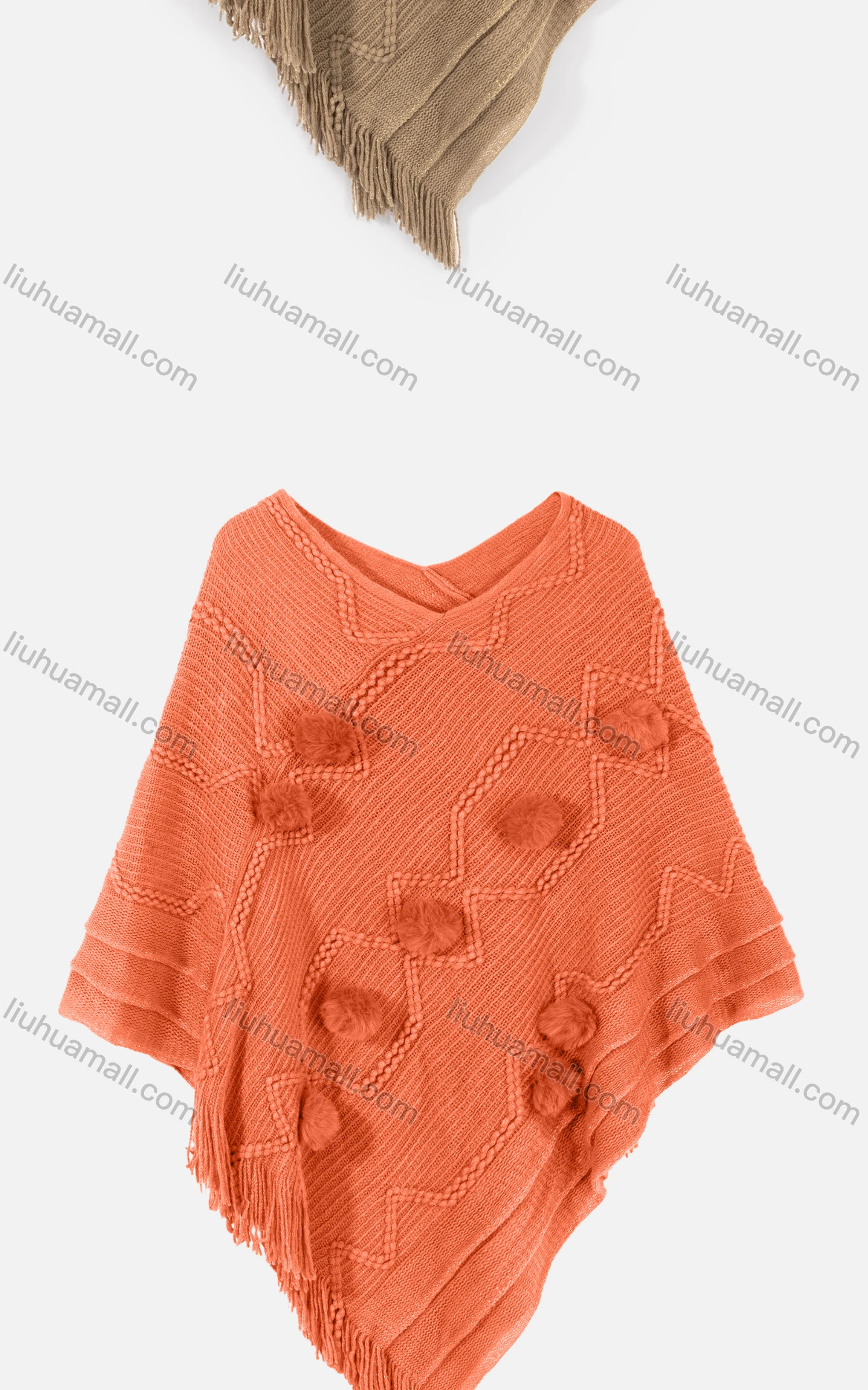 Wholesale Women's Vintage V Neck Plush Ball Embroidery Tassel Hem Plain Knit Cape - Liuhuamall