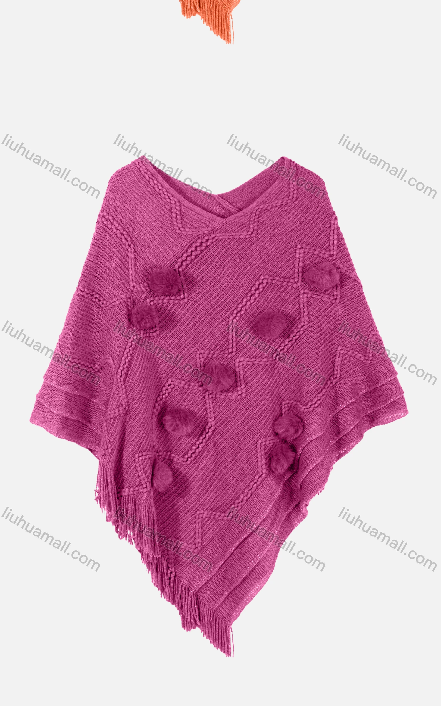 Wholesale Women's Vintage V Neck Plush Ball Embroidery Tassel Hem Plain Knit Cape - Liuhuamall