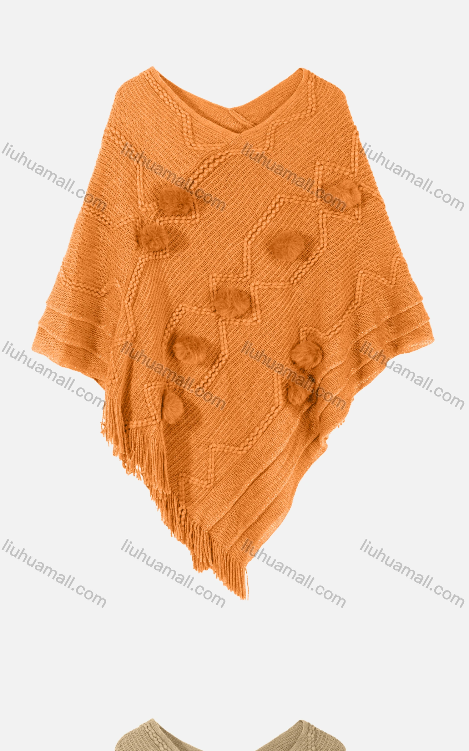 Wholesale Women's Vintage V Neck Plush Ball Embroidery Tassel Hem Plain Knit Cape - Liuhuamall
