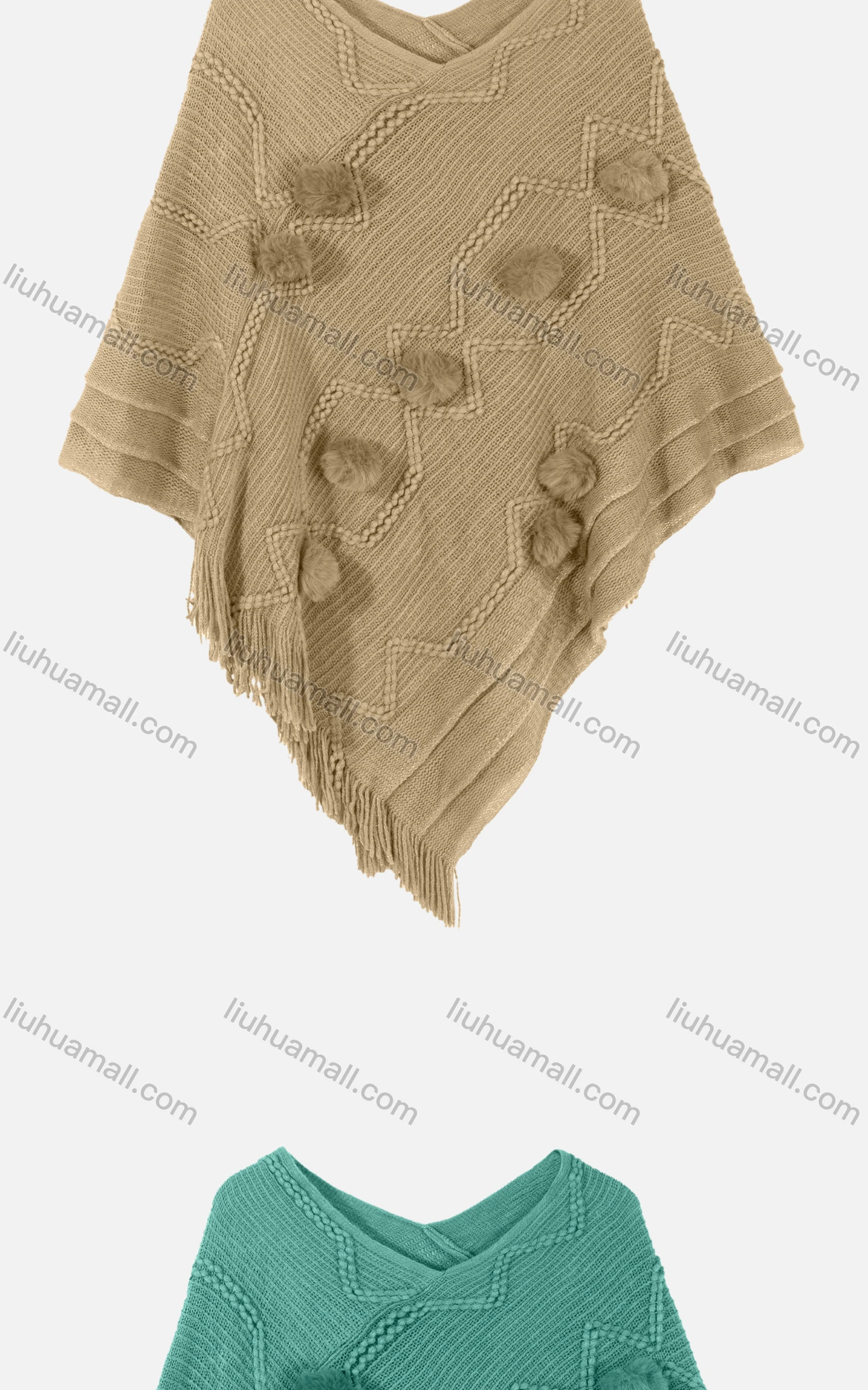 Wholesale Women's Vintage V Neck Plush Ball Embroidery Tassel Hem Plain Knit Cape - Liuhuamall