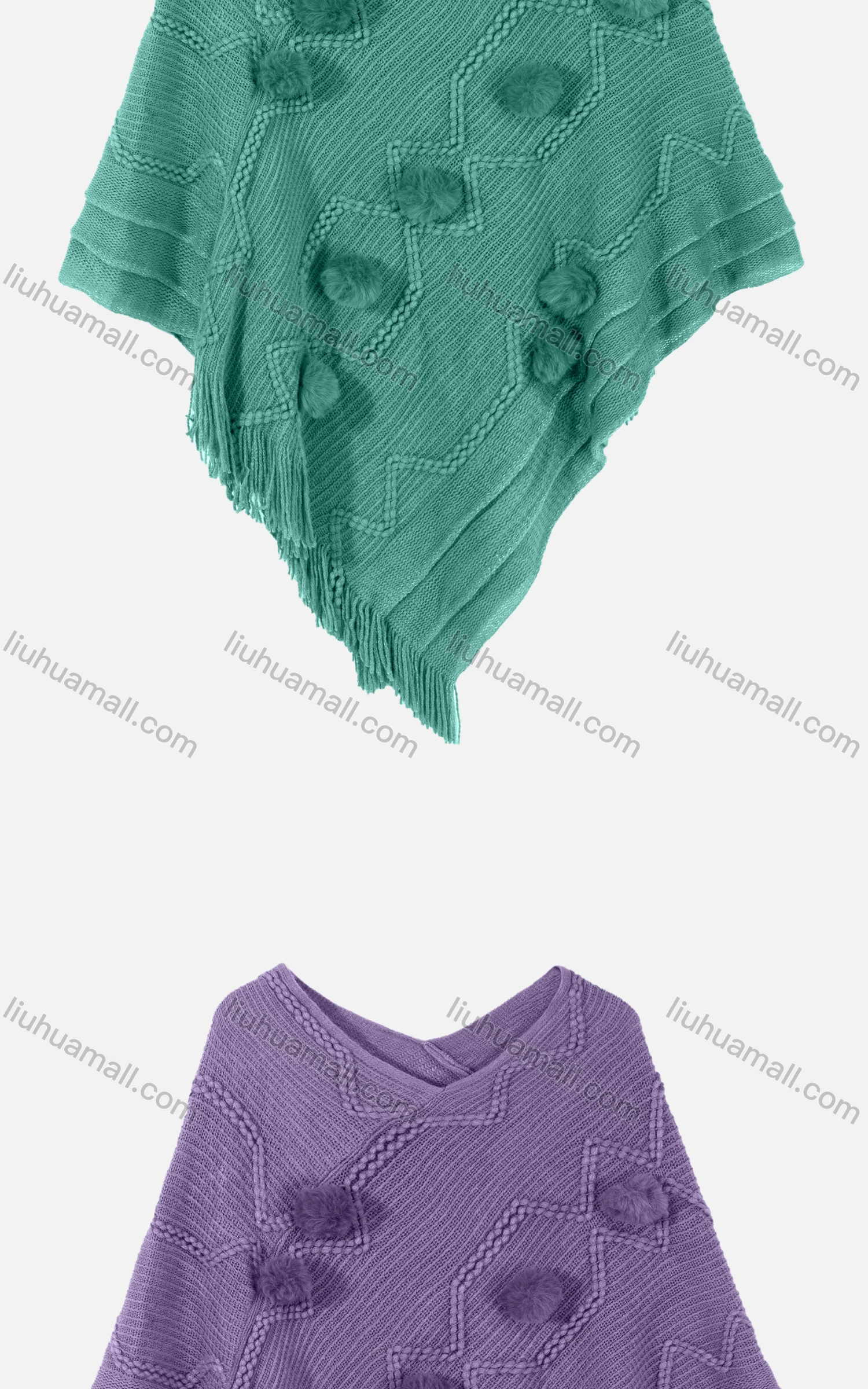 Wholesale Women's Vintage V Neck Plush Ball Embroidery Tassel Hem Plain Knit Cape - Liuhuamall