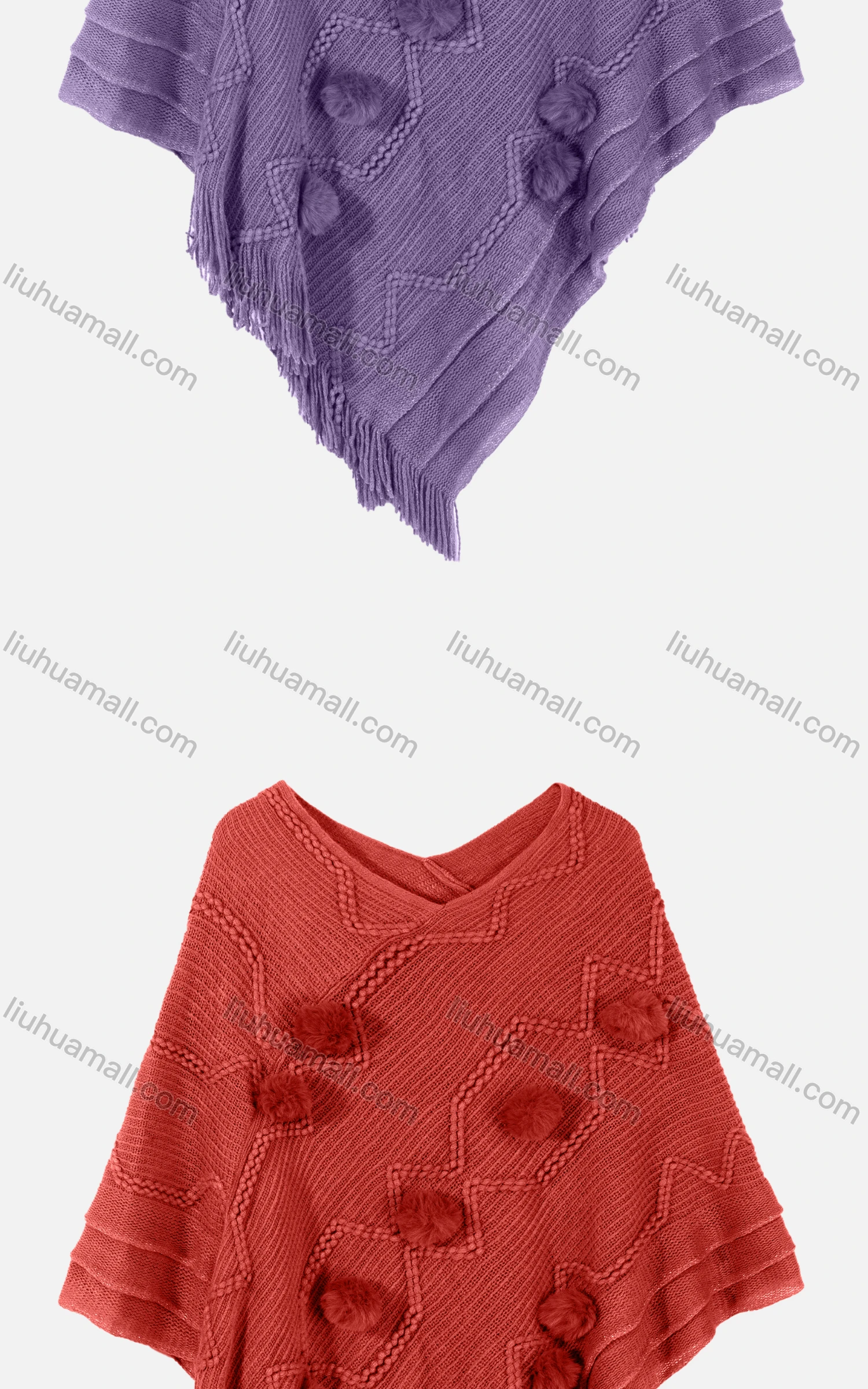 Wholesale Women's Vintage V Neck Plush Ball Embroidery Tassel Hem Plain Knit Cape - Liuhuamall