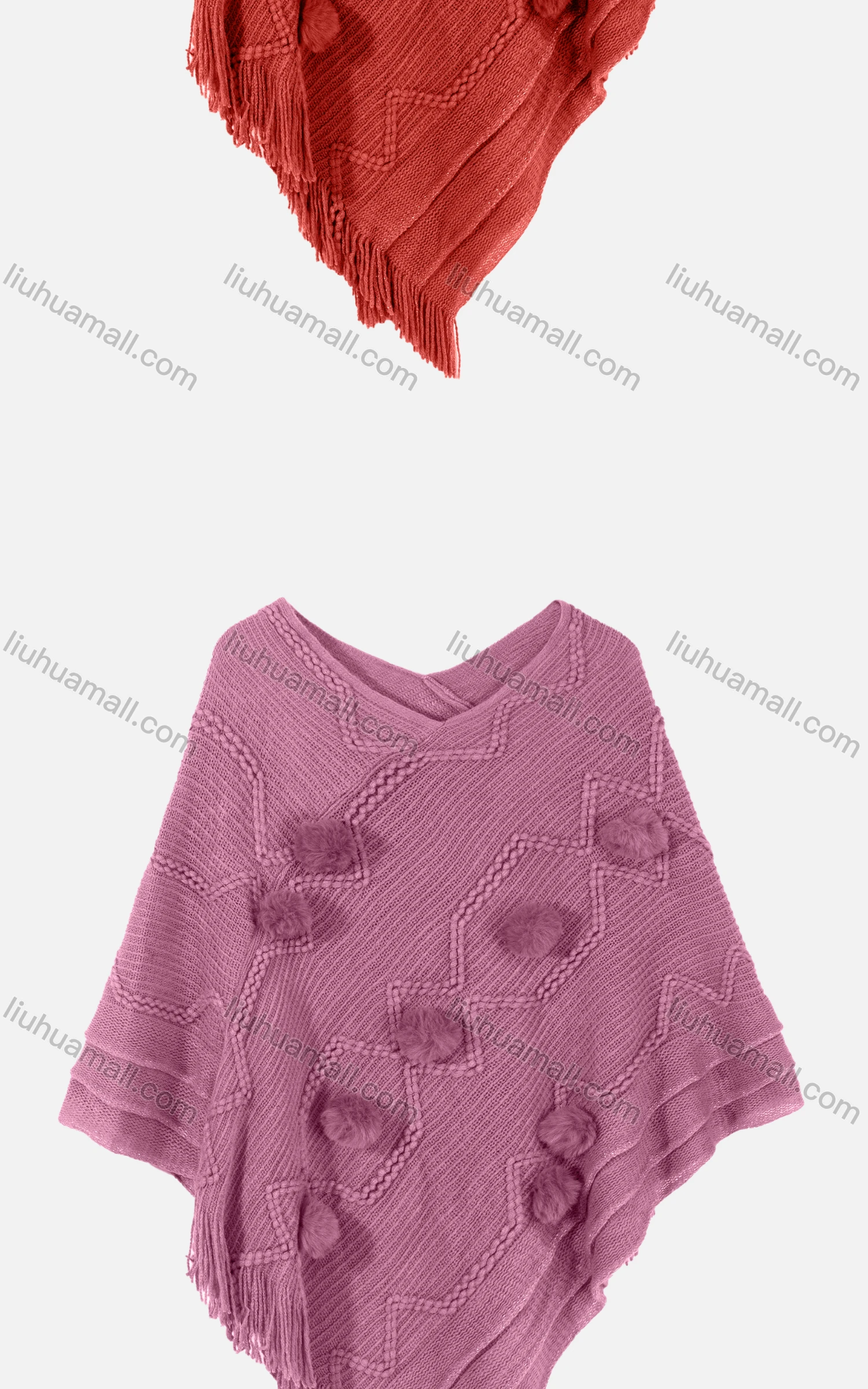 Wholesale Women's Vintage V Neck Plush Ball Embroidery Tassel Hem Plain Knit Cape - Liuhuamall