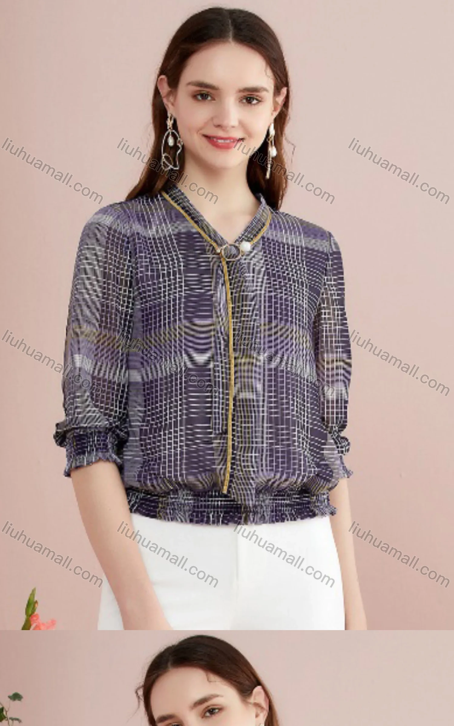 Wholesale Women's Casual Tie Neck Bishop Sleeve Plaid Print Chiffon Top - Liuhuamall