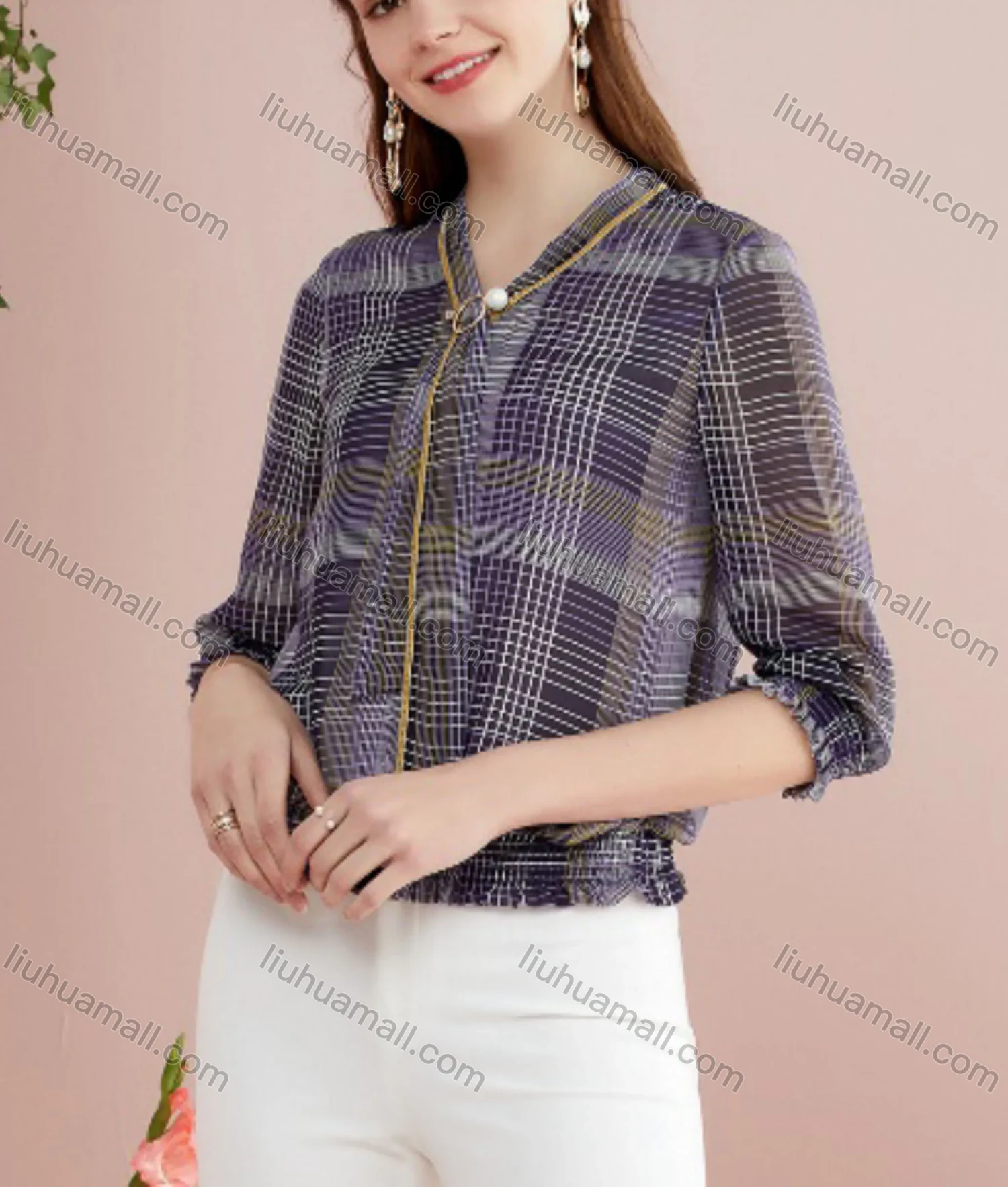 Wholesale Women's Casual Tie Neck Bishop Sleeve Plaid Print Chiffon Top - Liuhuamall
