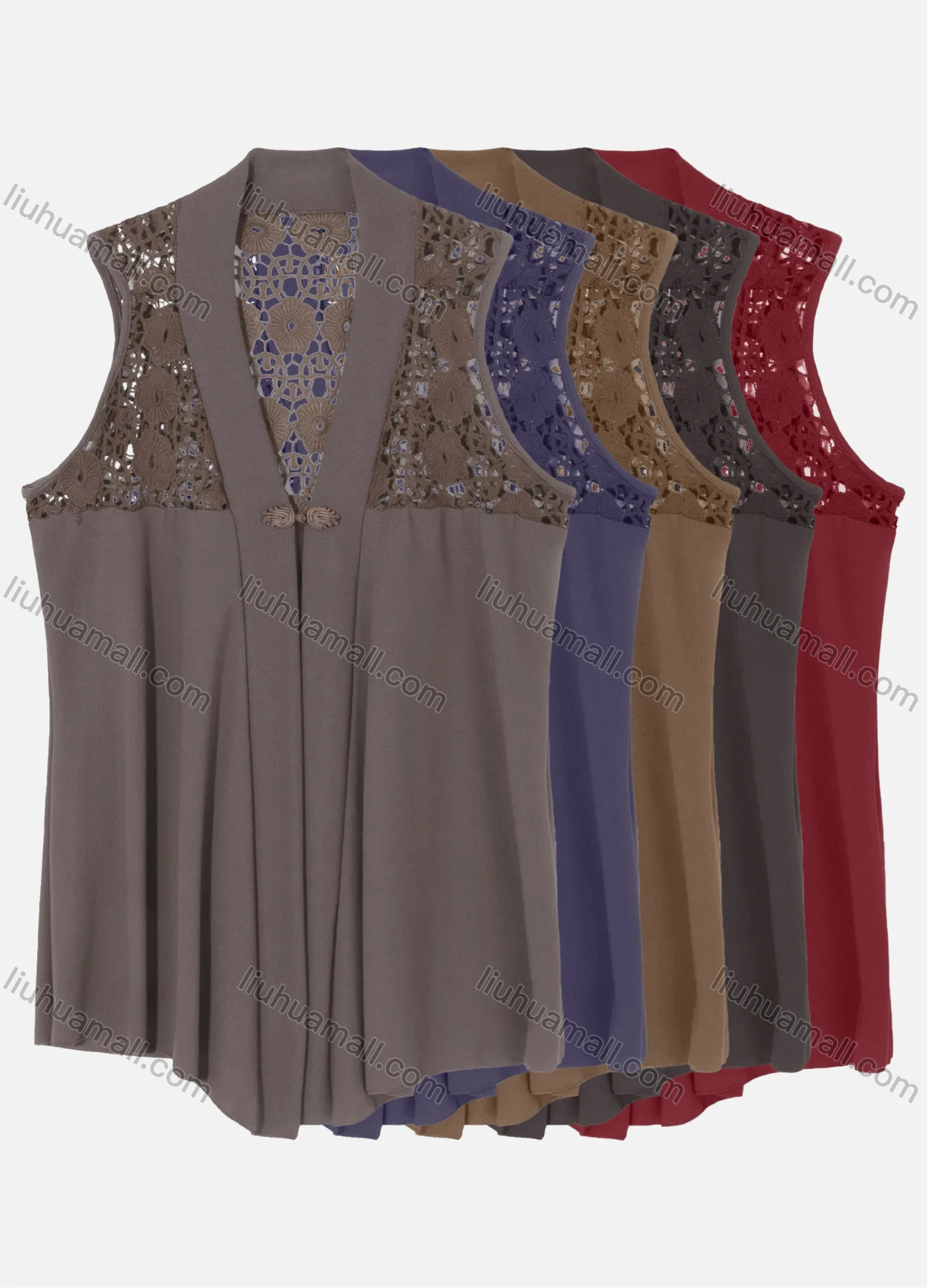 Wholesale Woman's Casual V Neck Sleeveless Frog Button Guipure Lace Plain Cardigan - Liuhuamall