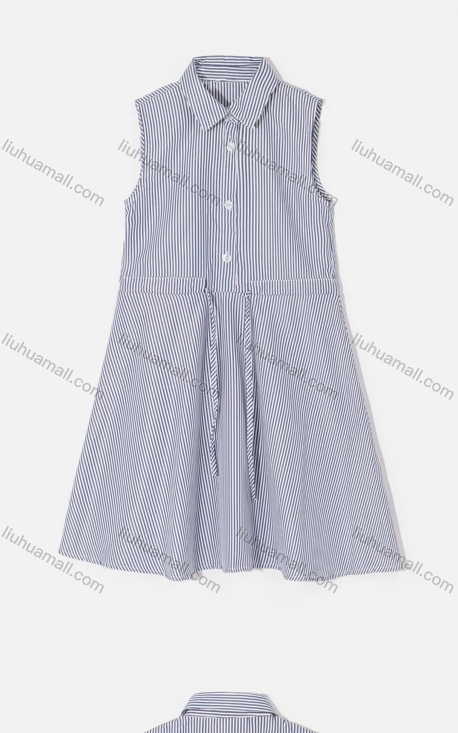 Wholesale Girl's Casual Collared Sleeveless Button Front Drawstring Striped Dress - Liuhuamall