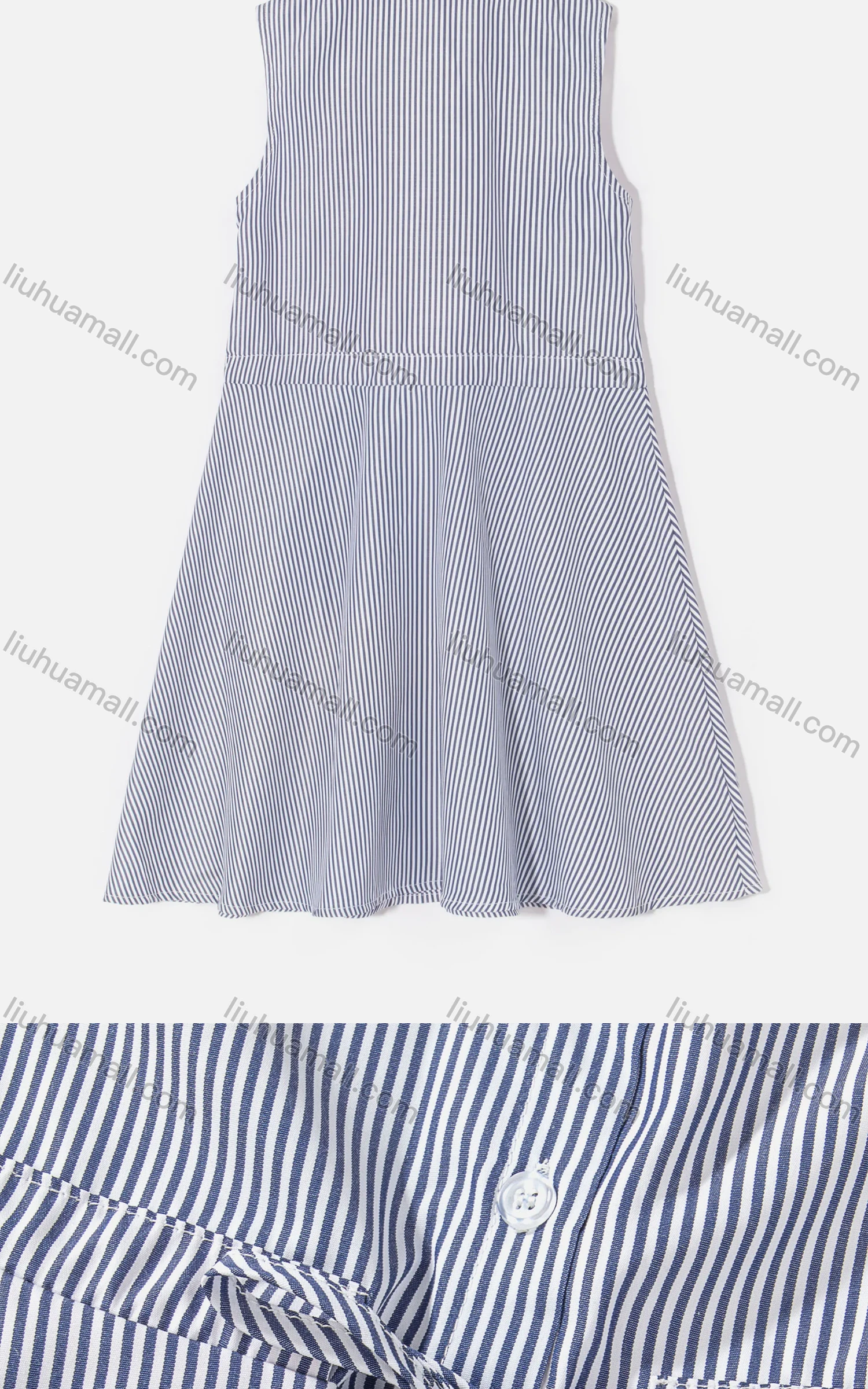 Wholesale Girl's Casual Collared Sleeveless Button Front Drawstring Striped Dress - Liuhuamall