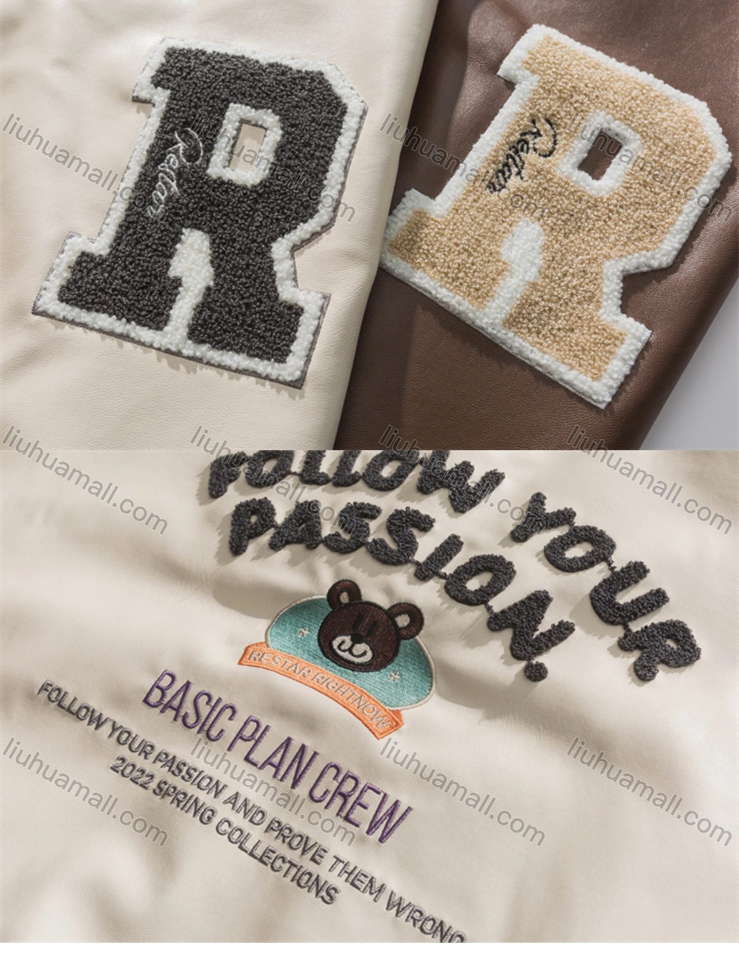 Wholesale Unisex Colorblock PU Leather Cartoon Letter Print Streetwear Baseball Bomber Jacket - Liuhuamall