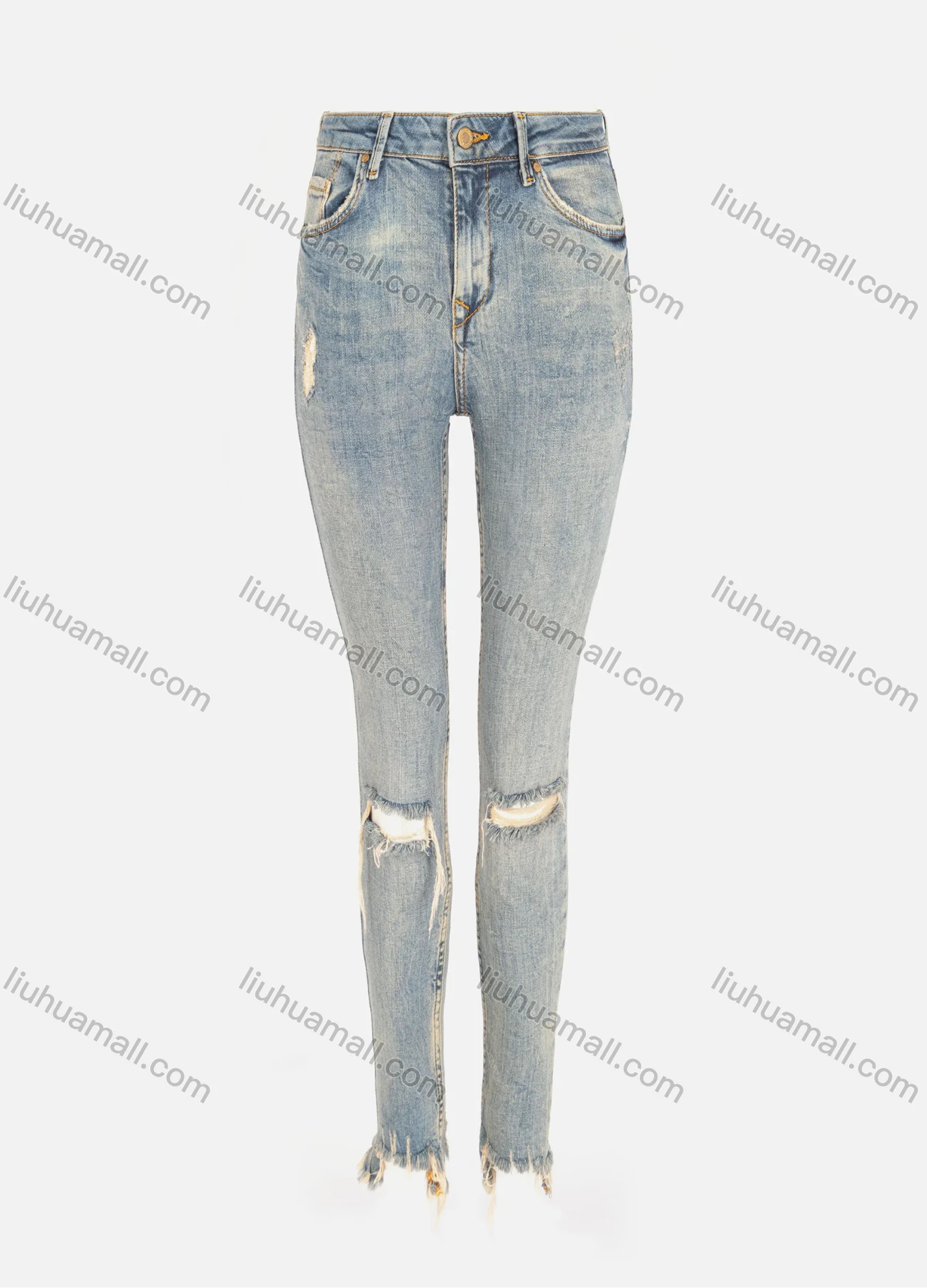 Wholesale Woman's Casual Plain Pockets Ripped Frayed Raw Hem Distressed Skinny Jeans - Liuhuamall