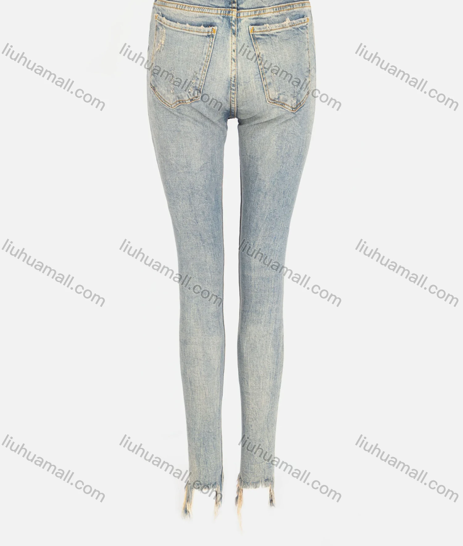 Wholesale Woman's Casual Plain Pockets Ripped Frayed Raw Hem Distressed Skinny Jeans - Liuhuamall