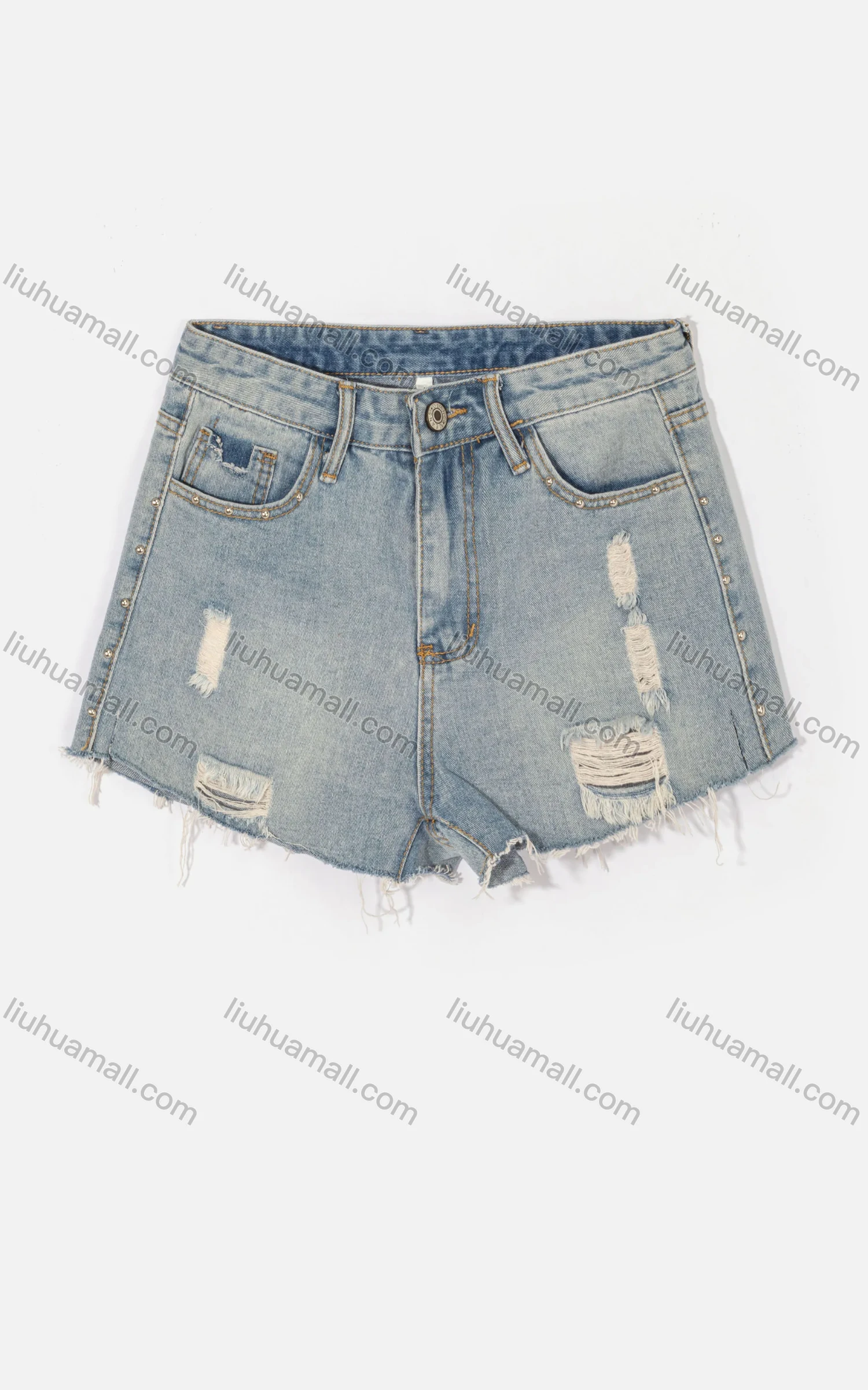 Wholesale Woman's Casual Plain 100%Cotton Pockets Ripped Pearl Decor Distressed Shorts - Liuhuamall