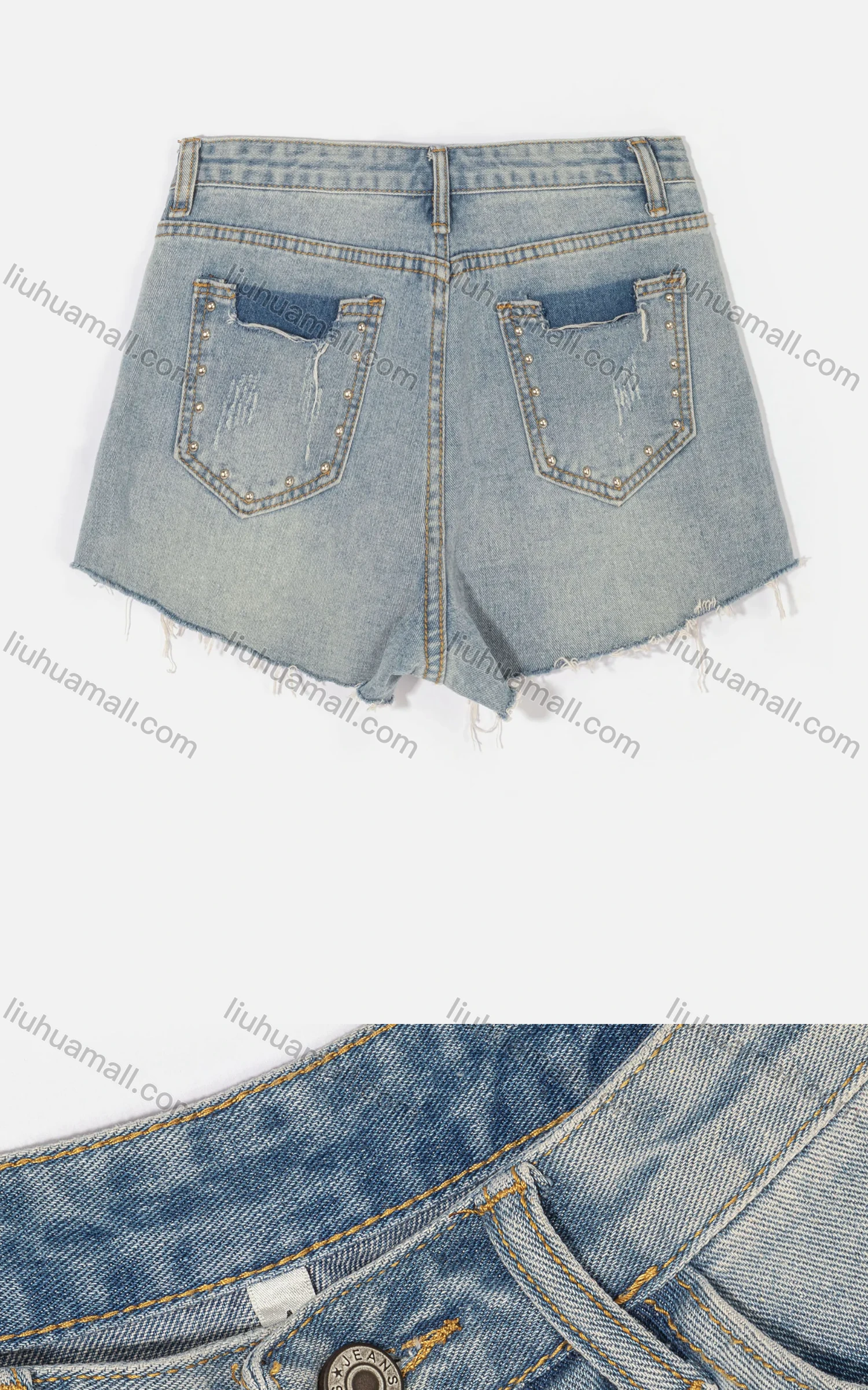 Wholesale Woman's Casual Plain 100%Cotton Pockets Ripped Pearl Decor Distressed Shorts - Liuhuamall