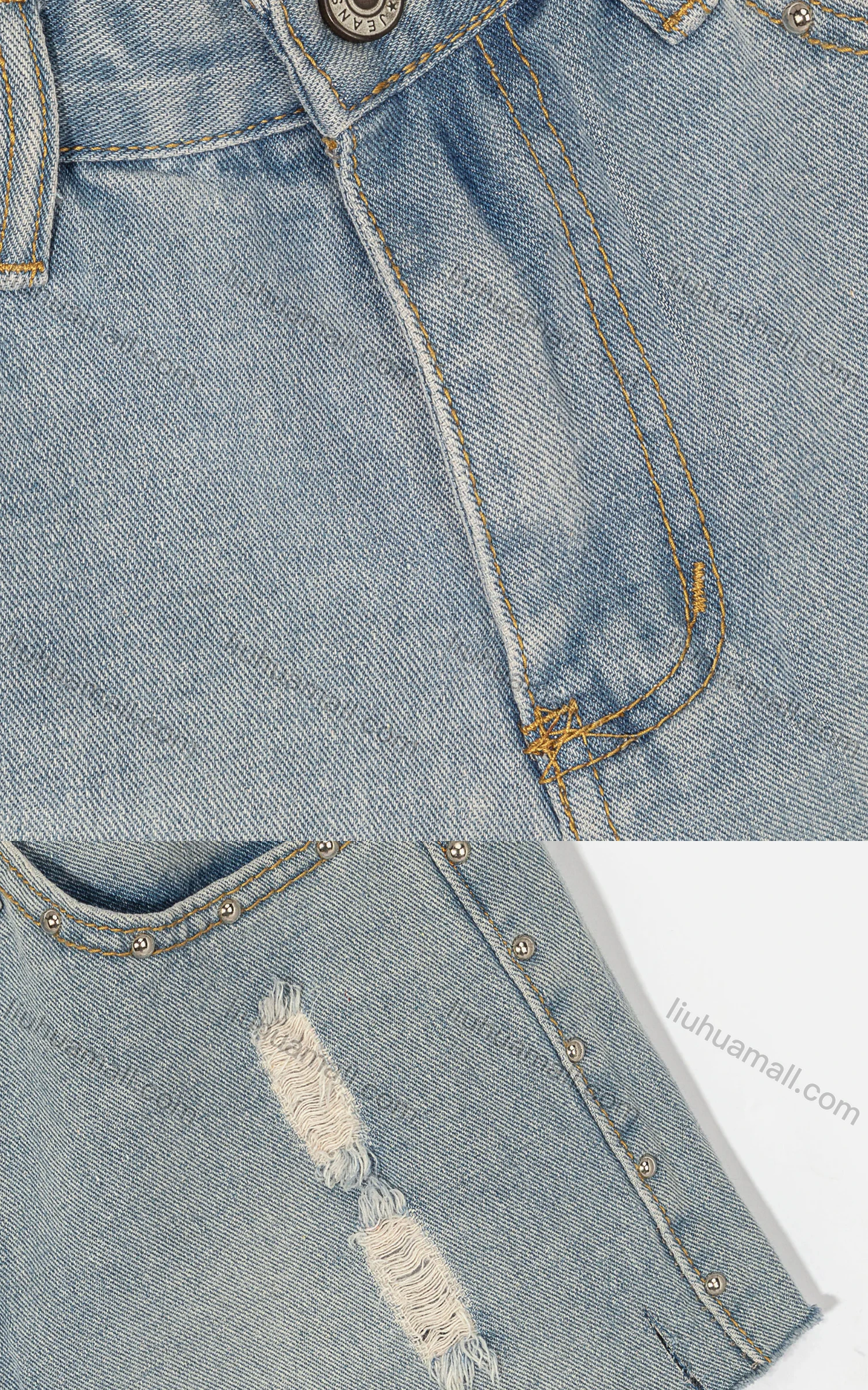 Wholesale Woman's Casual Plain 100%Cotton Pockets Ripped Pearl Decor Distressed Shorts - Liuhuamall
